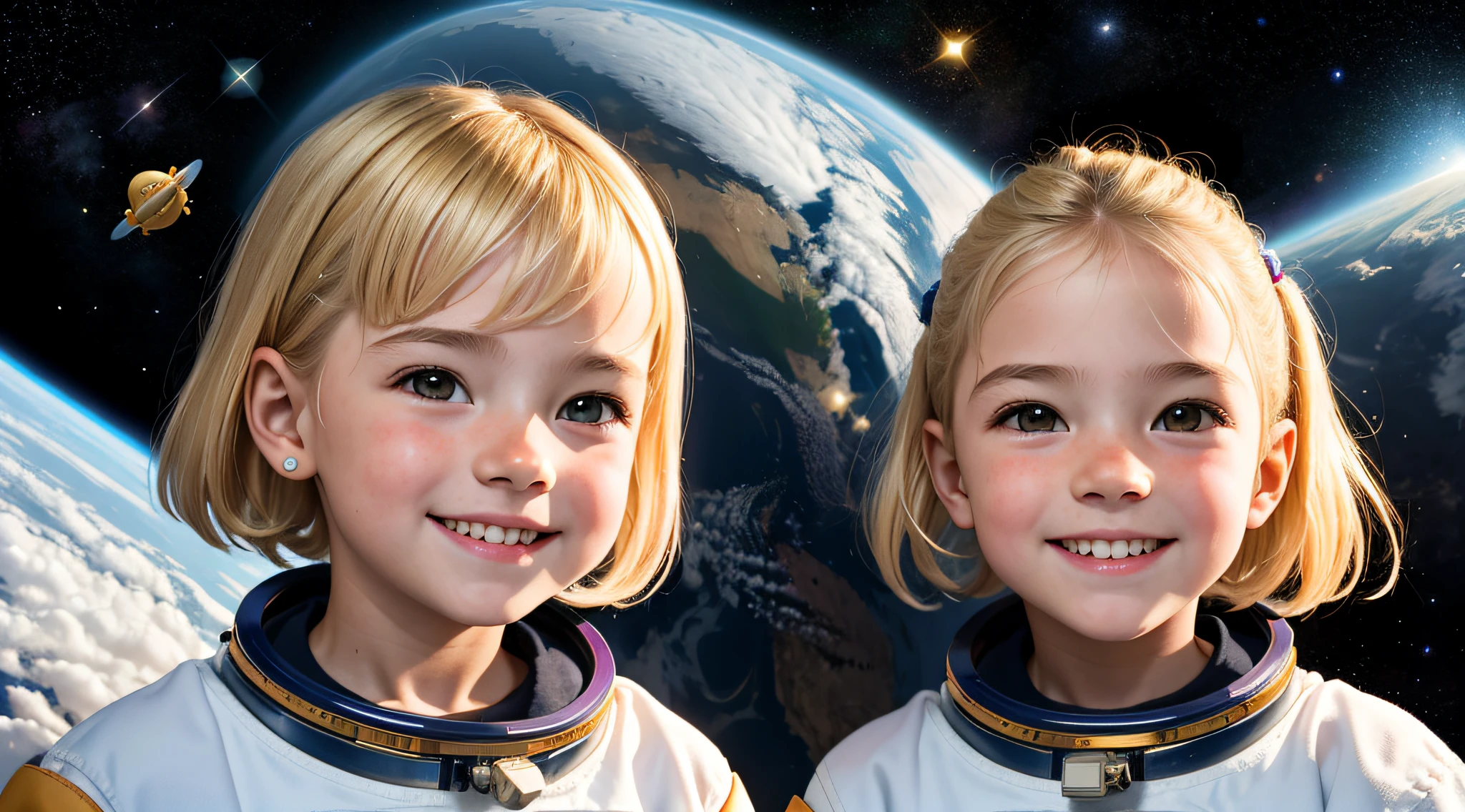 obra-prima, melhor qualidade, retrato, 1girl KIDS BLONDE, realista, kid girl, sorrindo, rosto bonito, cabelo curto, capacete de astronauta, fundo do universo estrelado, luz verdadeira,
