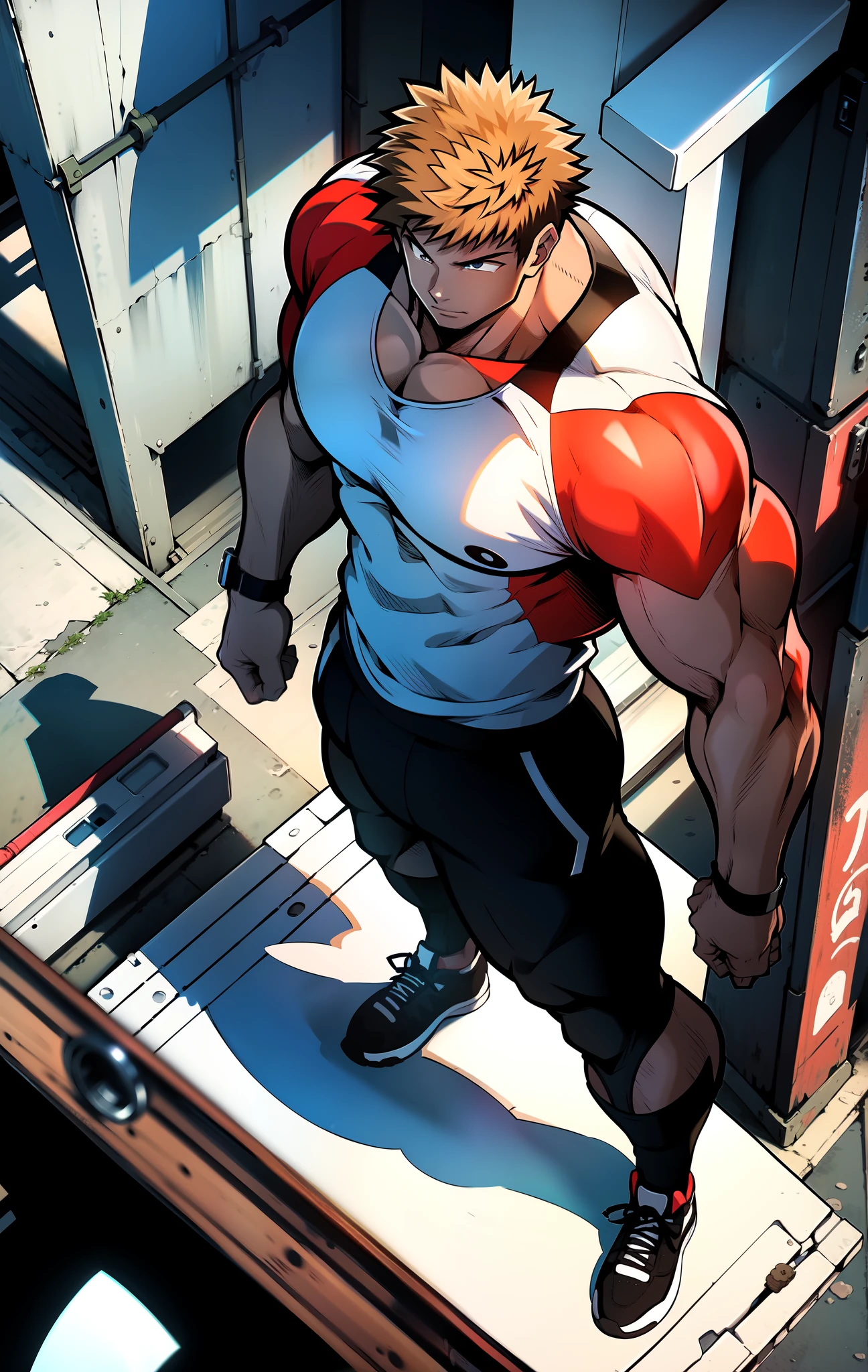 Imagem de cima para baixo, personagem musculoso, pose heroica, vesitndo blusa vermelha com mangas pretas, wearing gray pants, wearing white sneakers, cabelo marrom escuro curtinho.