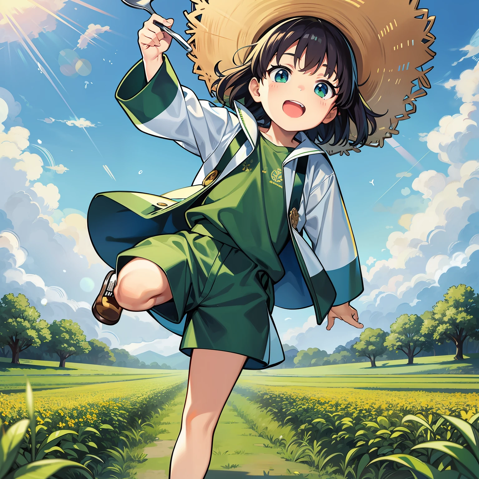 Jumping little boy holding a huge spoon in a green watermelon field,The blue sky, white clouds and warm sunlight shine on this moment。