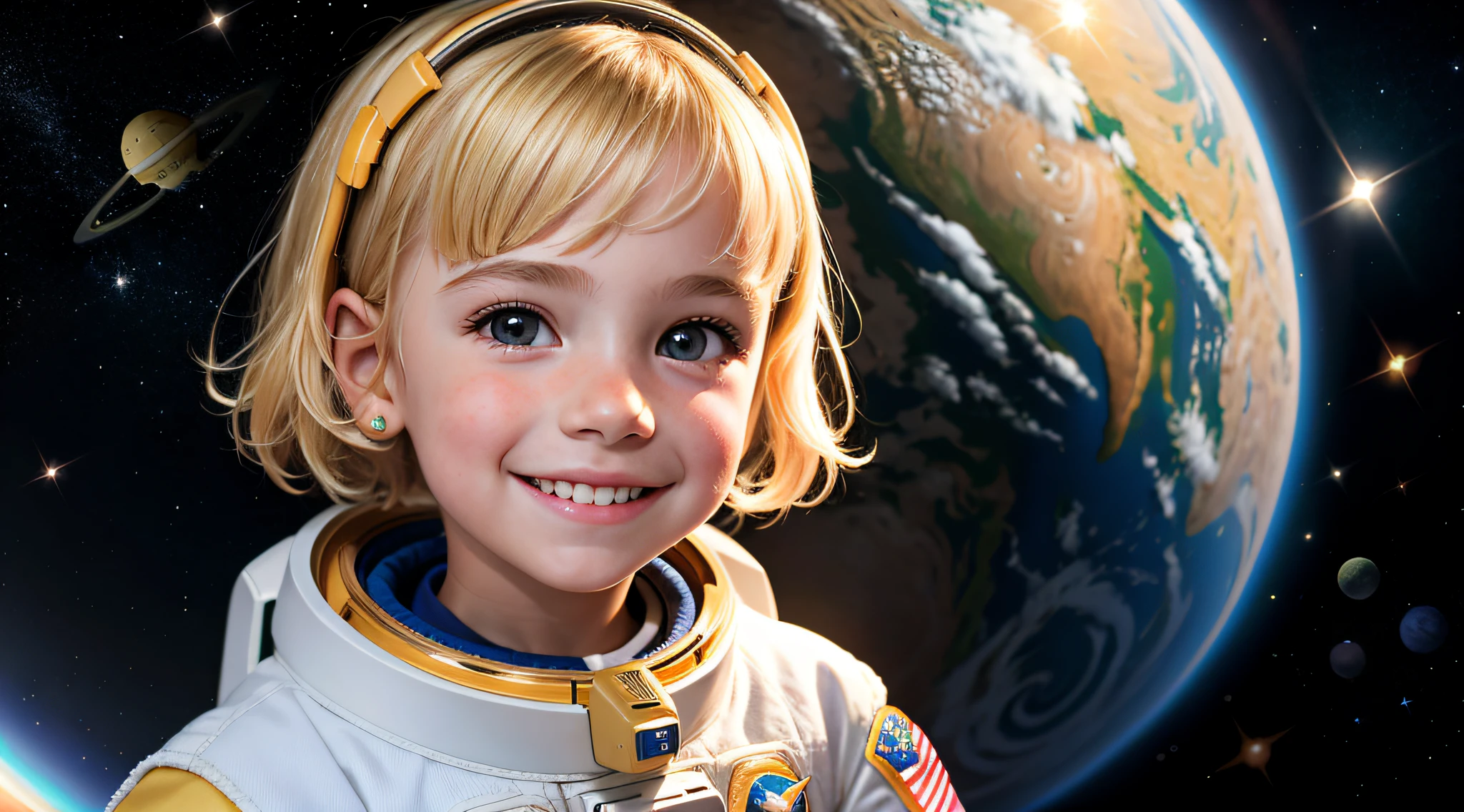 obra-prima, melhor qualidade, retrato, 1girl KIDS BLONDE, realista,  girl, sorrindo, rosto bonito, cabelo curto, capacete de astronauta, fundo do universo estrelado, luz verdadeira,