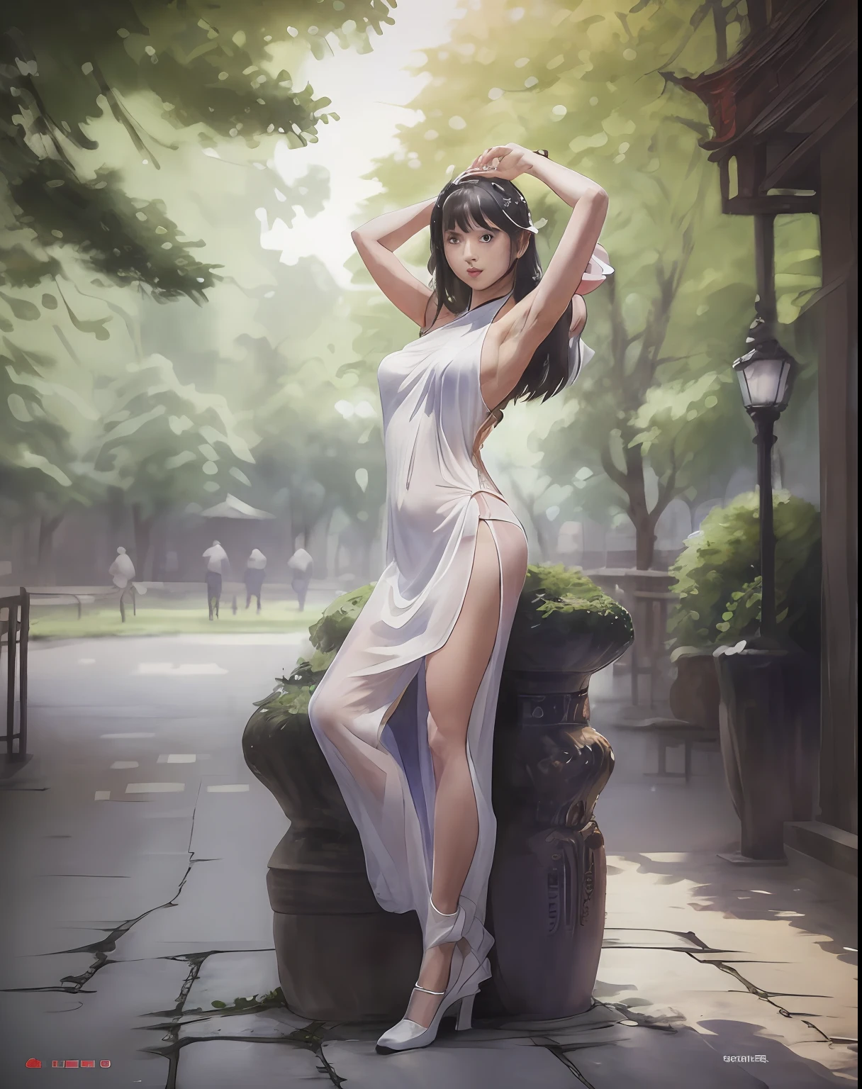 (masterpiece, best quality, beautiful modelshoot:1.4) of a stunning 25yo chinese 1girl, (full body view:1.6), ( pose:1.2), :1.2, (armpits focus:1.5), solo:1.5, navel, long black hair, sidebangs,  shoulders, (perfect face, perfect eyes, insanely beautiful face, perfect hands, beautiful fingers:1.5), (happy smile:1.2), hanfu, (looking at viewer:1.6), busy street, shops, people, trees, colorful, highly detailed, ultra realistic, deep field of depth, (sharp focus:1.6), insanely intricate, 8k, tachi-e, (white background:1.7), full body