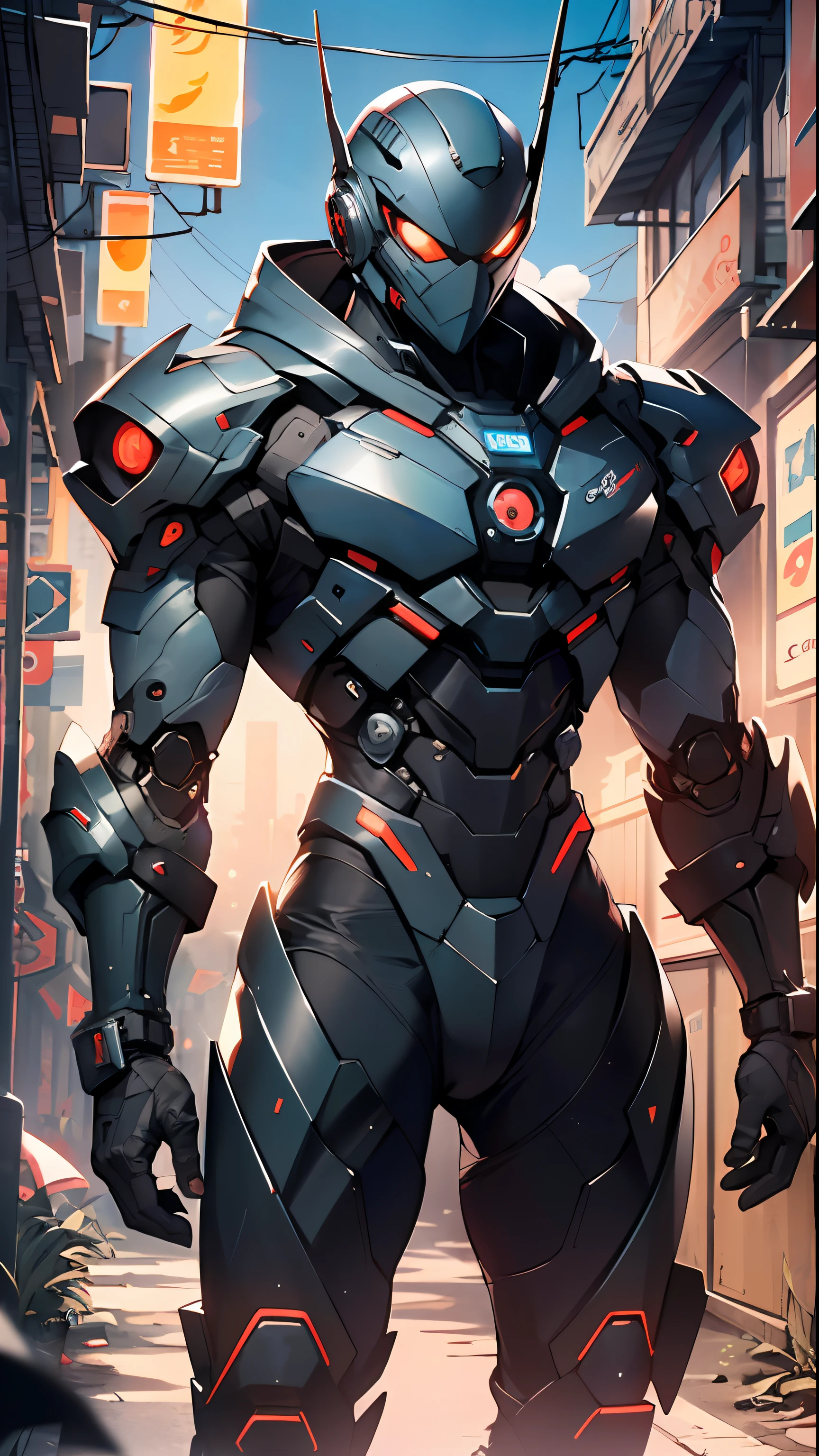 Imposing black plastic metal android robot, three meters tall and with a minimalist design that highlights its marked metallic musculature. His head is smooth and adorned with RGB lights that highlight his uniqueness and futurism.
He carries a metal backpack on his back that contains drones, turrets, and firearms. The backpack has spidery legs that allow it to move quickly.
Although most of his body is a deep, glossy black, there are orange, purple, and blue details that highlight his striking, futuristic design. It is undoubtedly an impressive creation that does not go unnoticed.
(dynamic pose:1.0), solo focus, centered, scale to fit dimensions, Rule of thirds,
outdoors, ((night view)), (cyberpunk night street Background: 1.5,dark sky,alleyway,lonely alley,thick clouds, detailed background:1.25),
(best quality), (high resolution), (sharp focus), (ultra detailed), (extremely detailed), (extremely high quality artwork), 8k_wallpaper, (extremely detailed CG 8k),(very fine 8K CG), ((hyper super ultra detailed perfect piece)), flawless, (((masterpiece))), illustration, vibrant colors, (intricate), High contrast, Selective lighting, Double exposure, HDR (High Dynamic Range), Post-processing, Background blur,