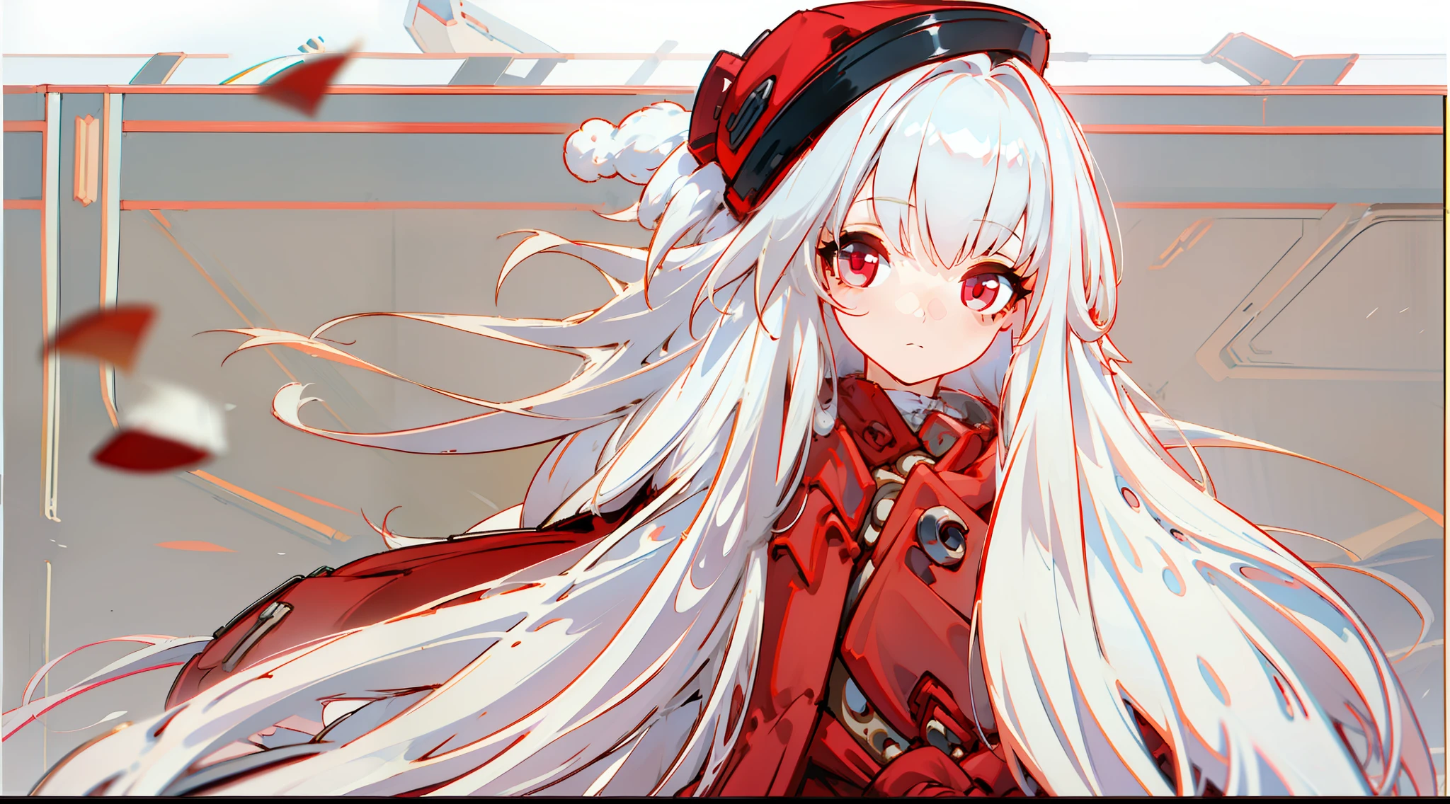 A girl Clara，white color hair，Red eyes，bare-legged，long whitr hair，Red coat