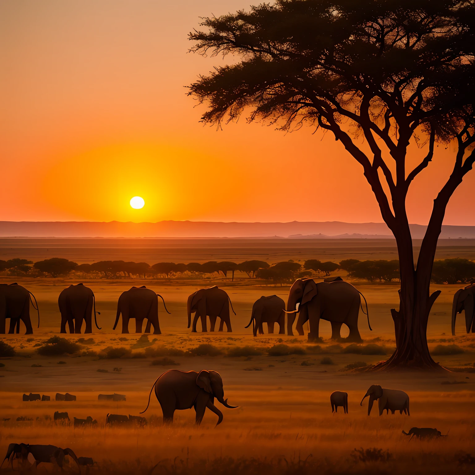 /imagine prompt: A young elephant stands in awe as she watches an elephant herd in the distance across the African savannah, Wonder, Unity, Serenity, Expansive, Exhilarating, Sony A7 III, Prime lens, Sunset, 50mm, Ethereal style, by David Thompson. –ar x:y