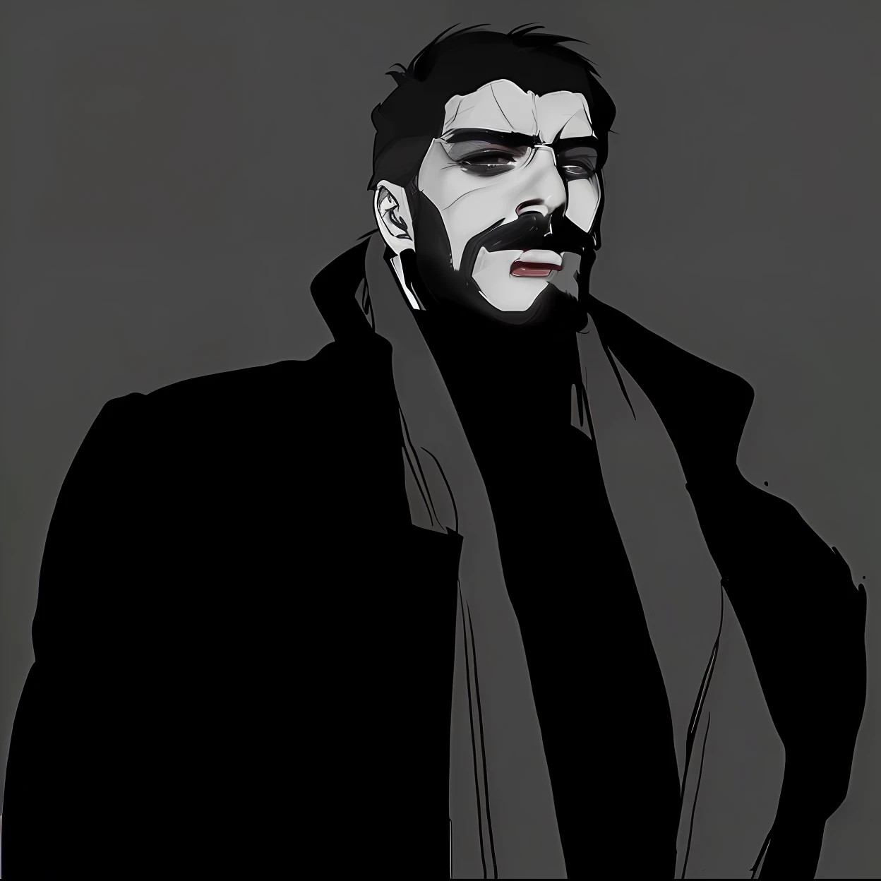 Image of a man with mustache and scarf, desenhado em um estilo neo - noir, Tecnologia batida. Neo Estilo Preto, desenhado em um estilo noir, metal gear solid art style, Kentaro Miura estilo de arte, Neo Estilo Preto, kentaro miura manga art style, design de personagens do mundo do filme noir, Hideaki ano anime --auto