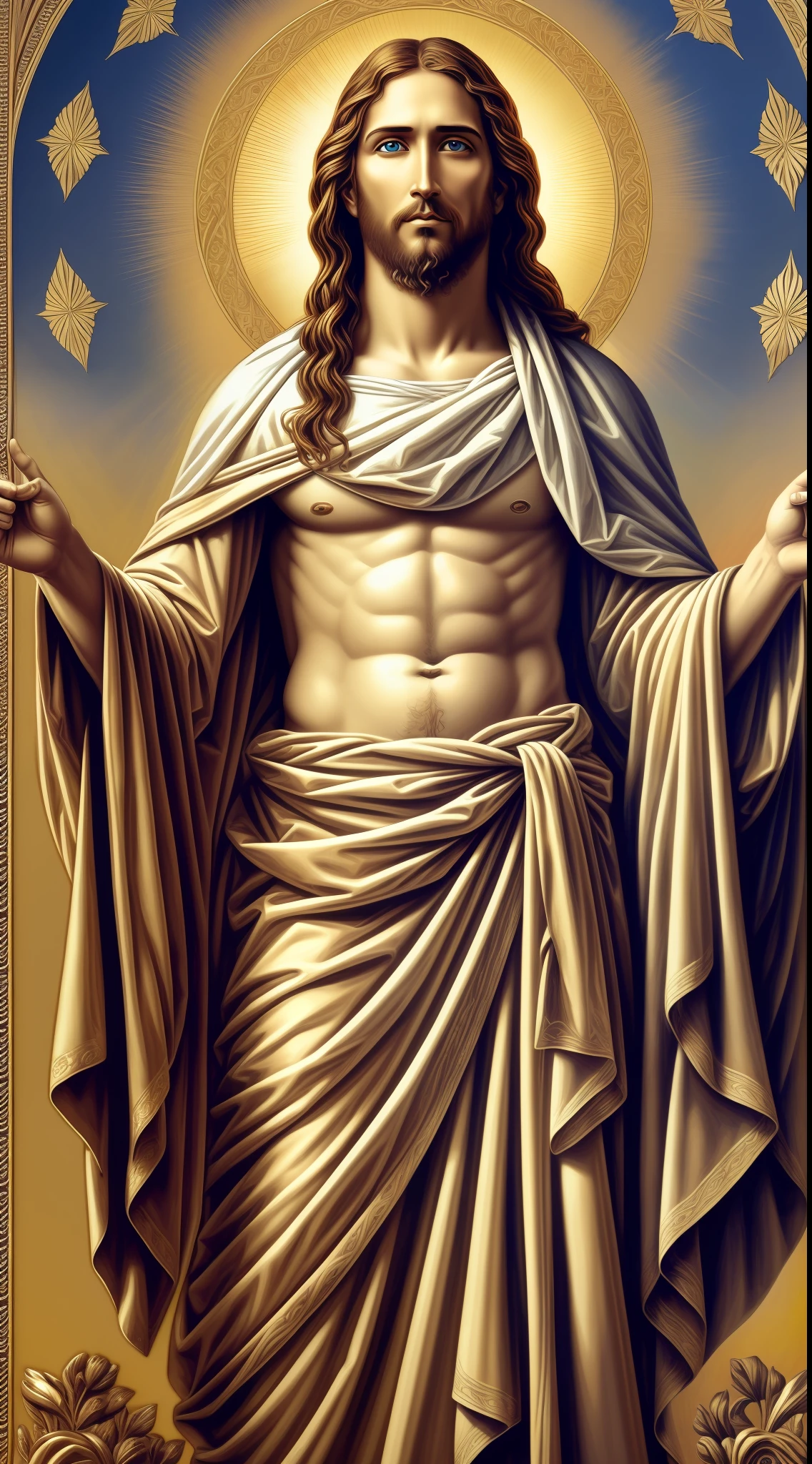 Portrait of a handsome Jesus , Jesus Christ, real blue eyes, sunny day, intricate details.real jesus lord, straight head face, Straight body.Prayer jesus, perfect full body,  perfect hands finger