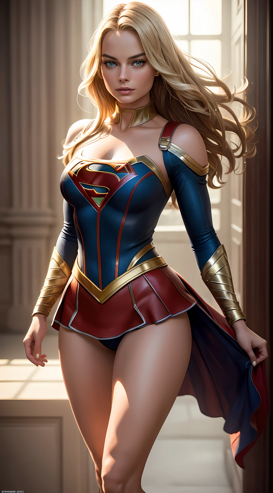 Margot Robbie as Supergirl, full body, soft lighting, dynamic angle, realistic lighting, (natural skin texture, hyper-realism, soft light, sharp: 1.2), (intricate details: 1.12), hdr masterpiece, best quality, (highly detailed photo: 1.1), 8k, photorealistic, best quality, ultra-detailed, high-detail skin, ultra-detailed ((full body including legs)).