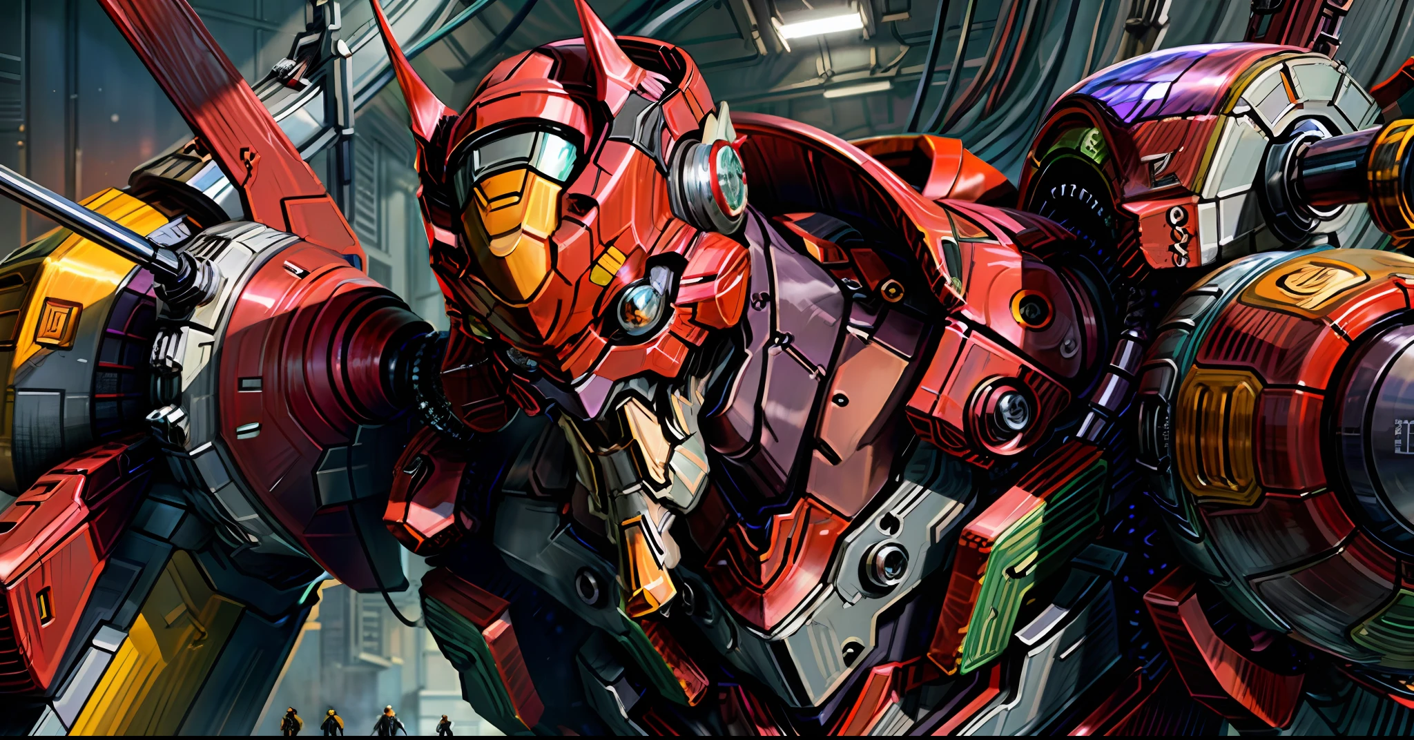 (Masterpiece:1.2, Best Quality), (Best Lighting, Very Delicate and Beautiful), (Best Lighting, Very Delicate and Beautiful), (Beautiful Detailed Face), (Detailed Eyes and Detailed Face:1.2), Dark Fantasy,eva 02, evagod, evangelion mecha, science fiction, looking at viewer, (official art, Best quality, masterpiece:1.2), illustration, high res, beautiful abstract background, Futurism, cyberpunk, intense angle, close-up,