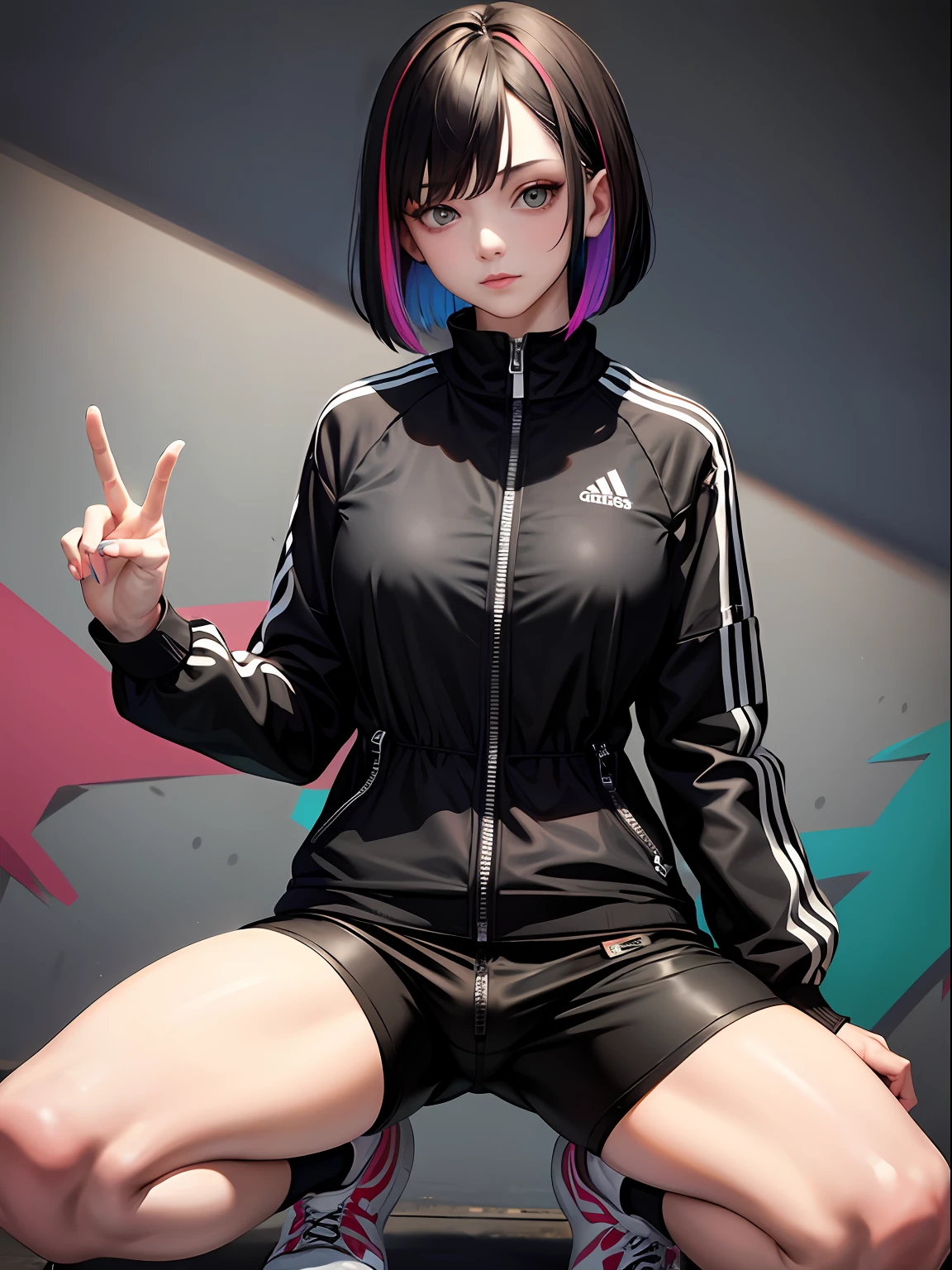 (masterpiece, best quality:1.4), a mature female, bob cut, multicolored hair, black adidas tracking suit, points at viewer, wall, graffiti