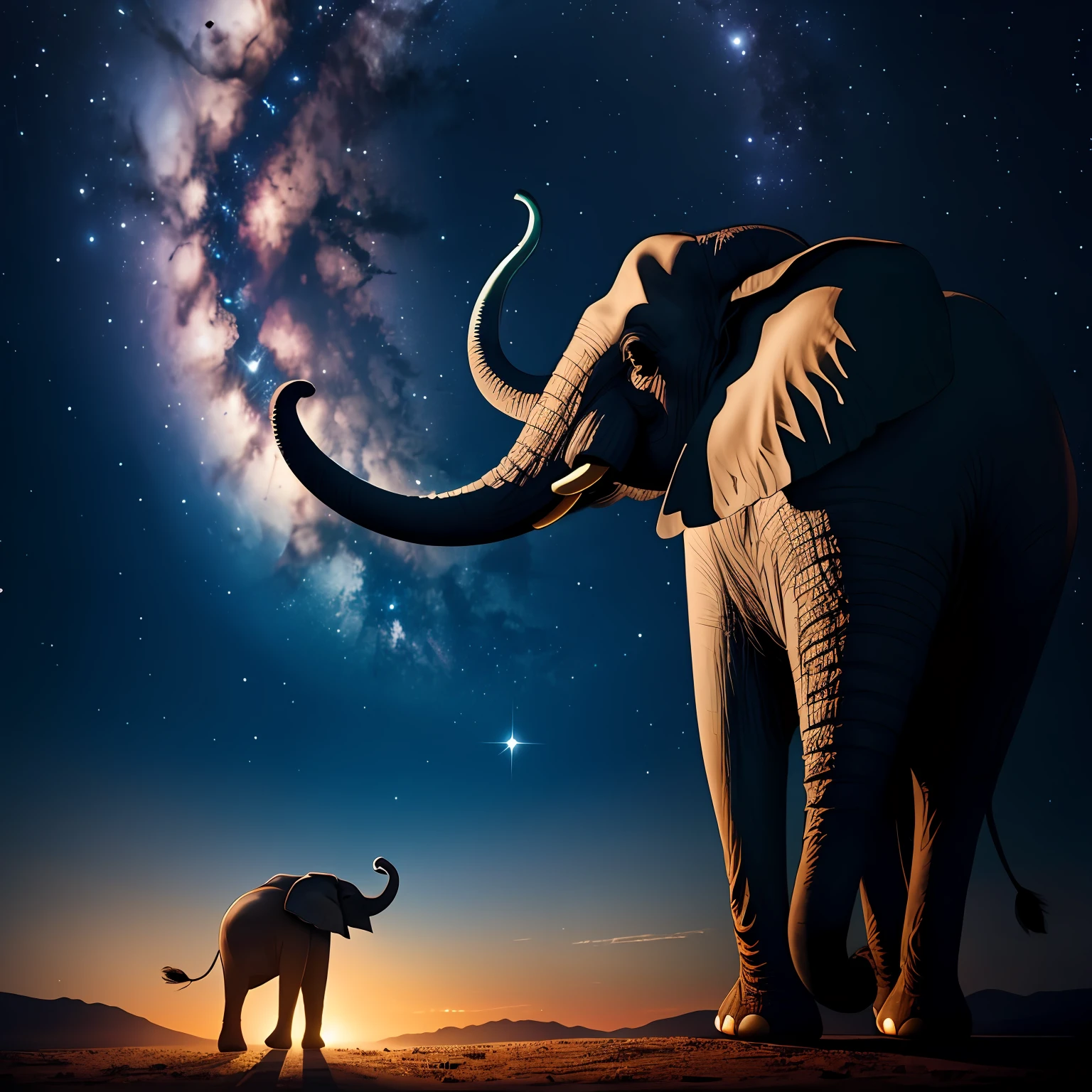 Imagine prompt: An inquisitive young girl elephant fixated on a brilliant star in the night sky, enchantment, discovery, midnight, 85mm lens, whimsical, by photographer Alex Rodriguez. -ar 16:9 --auto