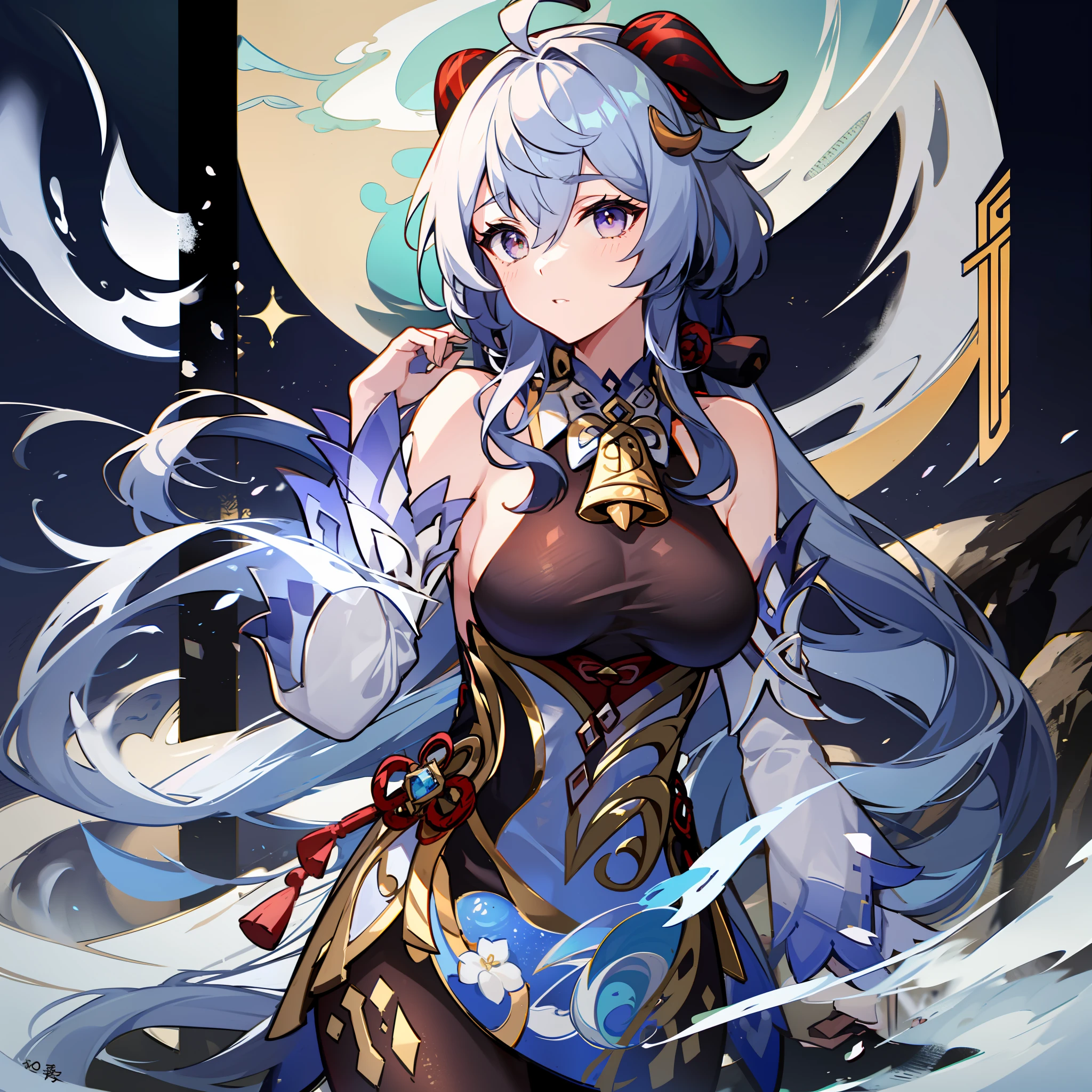 a girl, looking like Ganyu, Genshin Impact, Half-human, Half-adeptus, Ethereal presence, Blue-hued skin, Delicate features, Horn on forehead, Graceful hanfu-inspired outfit, Flowing silver hair, Elegant demeanor, Adept archer, Cryo abilities, Precision and grace, Serene visage, Tranquil aura, Liyue Harbor, Chinese folklore, Floral accessories, Lunar aesthetics, Moon-shaped hairpin, Calm and composed, Wisdom of the ages.