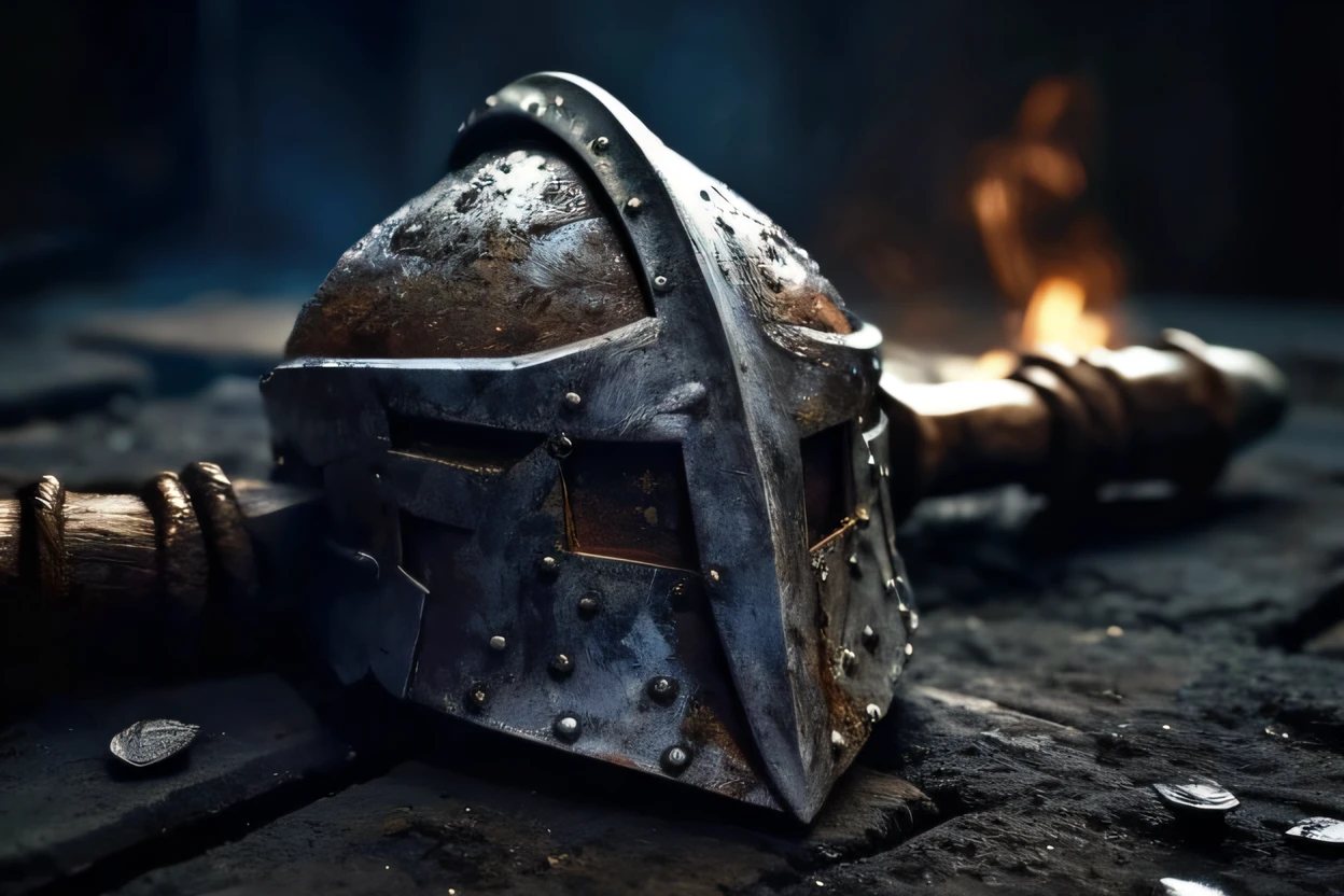 um close up de um capacete e uma espada em uma mesa de madeira, Leme de ferro, capacete de ferro, para arte conceitual de personagem de honra, capacete de cavaleiro pesado, capacete de cavaleiro, iron mask and helmet, capacete enferrujado, Foco da armadura no rosto, cavaleiro usando capacete, fantasia medieval, luz saindo da armadura, Almas Sombrias Inspiradas, Maximalista Leme de Ferro, warforged --auto