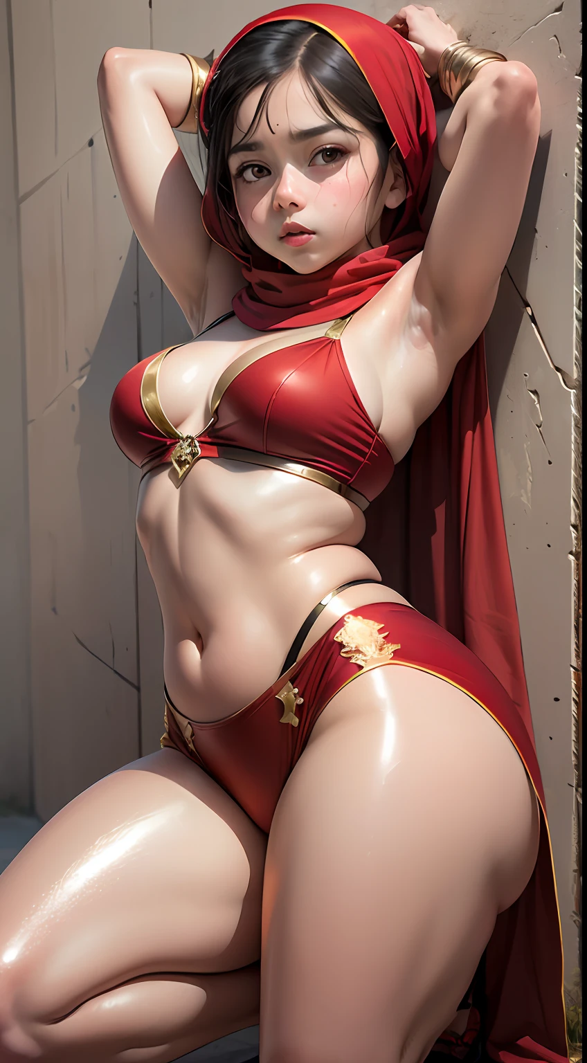 (:1.7), (arabian girl:1.2) perfect face, perfect nose. (chubby:1.5) child in (saree) perfect full HDR body exposed midriff highleg loli flat c curvy indian armpits bellydancer 8k high res knees ankles , royal skimpy underwear, cleavage (shiny skin:1.5) (full body shot) (high heels) (armpits:1.3) (outdoor) (red theme:1.8) (masterpiece:1.8) (hijab:1.2) (temple:1.4) (squatting:1.5) (thighs exposed:1.5) (knees exposed:1.5) (leaning on a wall:1.5)