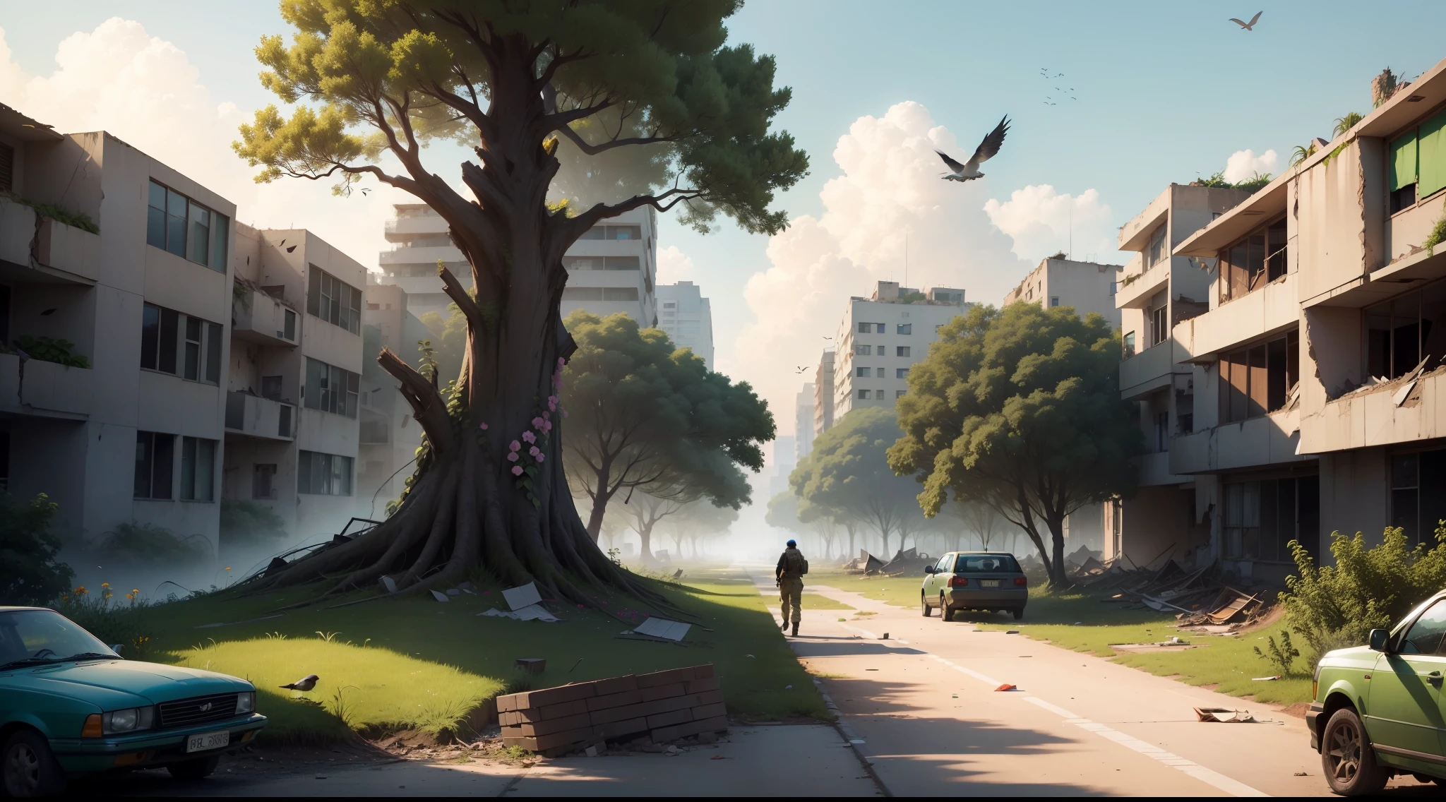 "Illustration of two distinct scenarios: A post-war setting with destroyed buildings and a lush nature setting with trees, colorful flowers and birds. The image should show a clear distinction between the two scenarios. The first scenario is dark and shattered, with crumbling buildings, debris and debris strewn across the ground. The second setting is vibrant and full of life, with leafy trees, colorful flowers and birds flying freely. The color tones of the first scenario should be dark and dusty, while the second setting should be vibrant and full of vivid colors. The image should convey the message of how war and destruction can have a negative impact on an environment, But nature is able to recover and flourish again with time. The image should convey hope, showing that a destroyed environment can be transformed into a healthy environment full of life again, se permitirmos que a natureza siga seu curso.” --auto