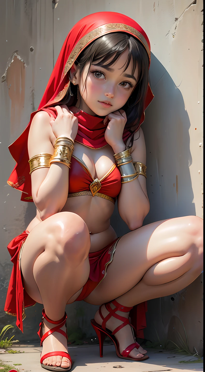 (9 :1.7), (arabian girl:1.2) perfect face, perfect nose. (chubby:1.5) child in (saree) perfect full HDR body exposed midriff highleg loli flat chest curvy indian armpits bellydancer 8k high res knees ankles , royal skimpy underwear, cleavage (shiny skin:1.5) (full body shot) (high heels) (armpits:1.3) (outdoor) (red theme:1.8) (masterpiece:1.8) (hijab:1.2) (temple:1.4) (squatting:1.5) (thighs exposed:1.5) (knees exposed:1.5) (leaning on a wall:1.5)