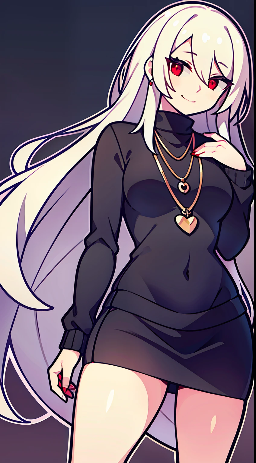 Mature lady with long white hair; medias hasta las rodillas, Black sweater with long neck, Red eyes and small smile, short skirt, cuerpo completo, pechos grandes, flequillo entre los ojos, Golden heart necklace