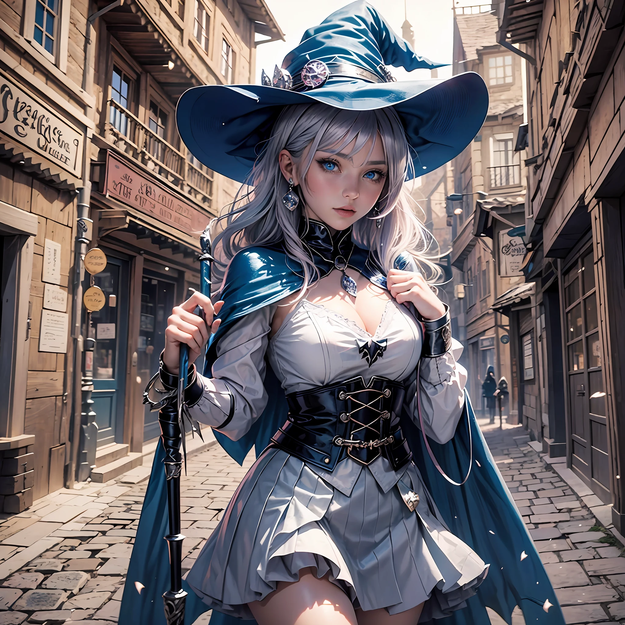 "An 18-year-old girl with silver hair and blue eyes, wearing a cape, skirt and tie, wearing a witch's hat and holding a staff. She has pink lips and is flushed. The surrounding setting is a medieval town. Add magical touches to create an enchanting anime environment." --auto --s2