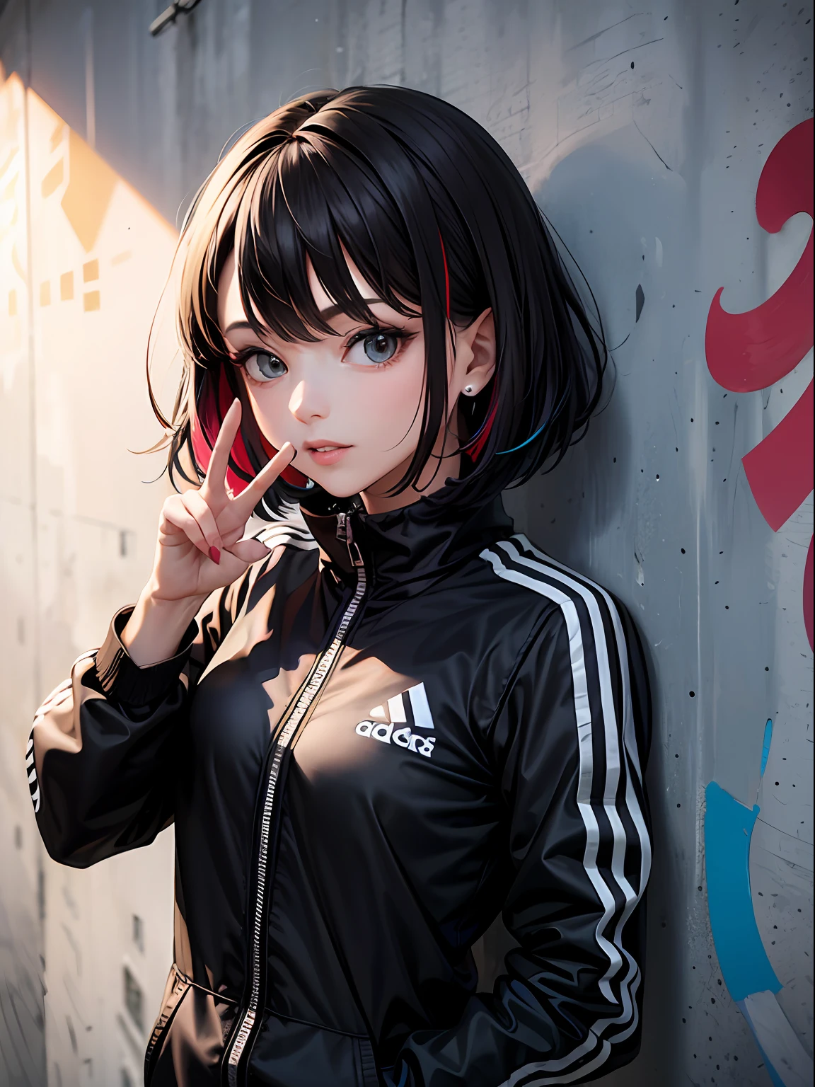 (masterpiece, best quality:1.4), a mature female, bob cut, multicolored hair, black adidas tracking suit, points at viewer, wall, graffiti