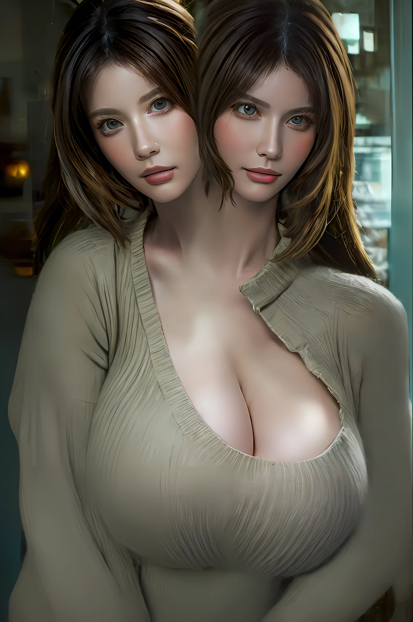 2heads, conjoined, (masterpiece:1.3), (8k, photorealistic, RAW photo, best quality: 1.4), (1girl), beautiful face, (realistic face), (brown hair, long messy hair:1.3), beautiful hairstyle, realistic eyes, beautiful round detailed eyes, not asian,(realistic skin), beautiful skin, massive breasts, (two times sweater), absurdres, attractive, ultra high res, ultra realistic, highly detailed, golden ratio, enormous breasts. Gigantic breasts.