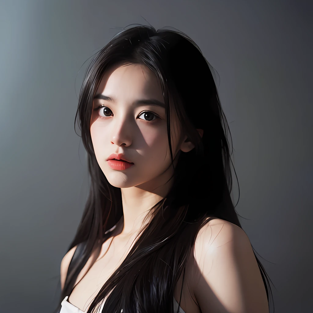 Best Quality, Masterpiece, Ultra High Resolution, (Realistic:1.5), Original photo, 1 girl, shoulders, In the dark, Deep shadow, Understated, Cold light, Sexy look, Long hair --auto
