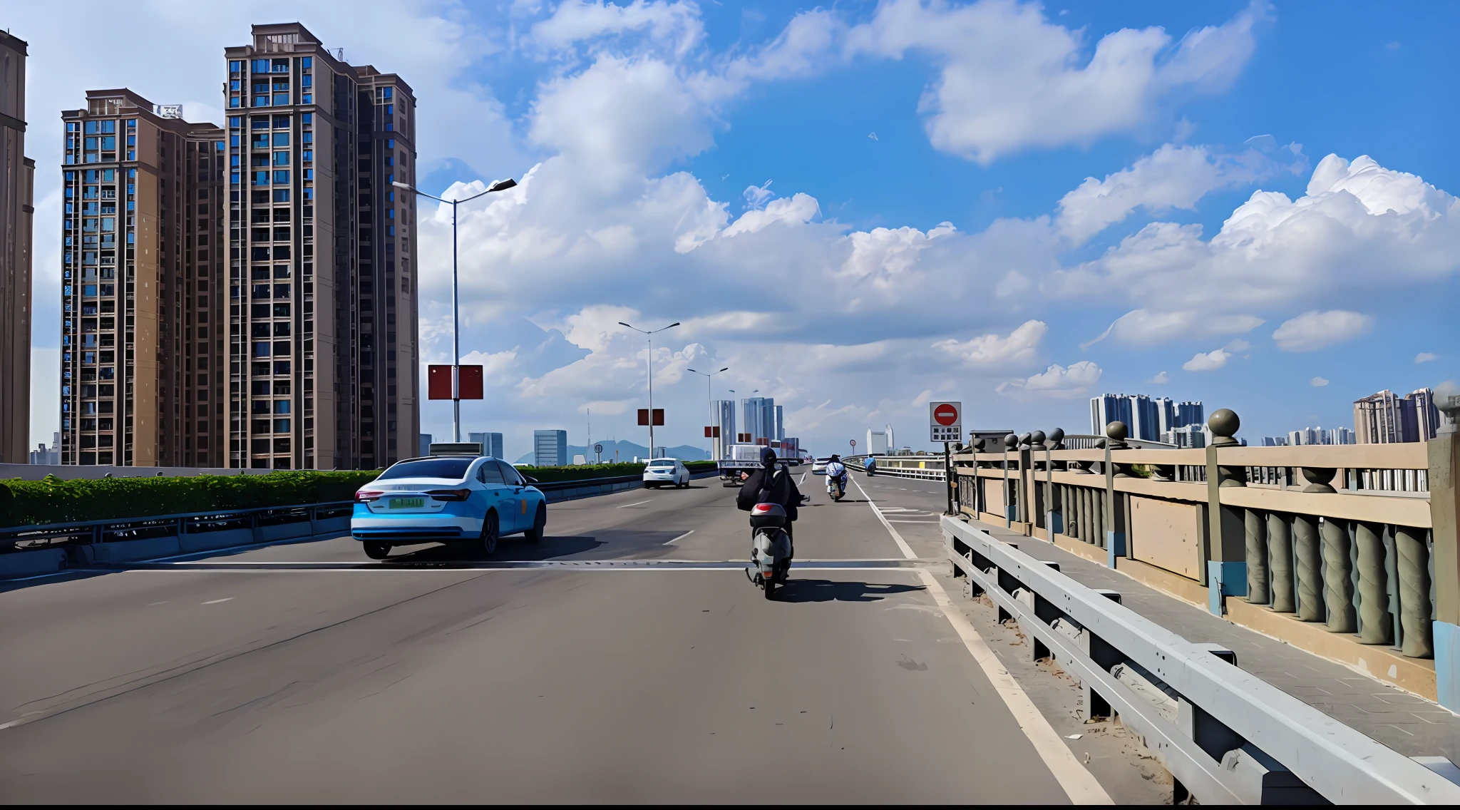 There was a man on a motorcycle on the highway，High-rise buildings in the background, taken with a Sony A7R camera, taken with sony alpha 9, one motorbike in center of frame, traffic in background, shot on nikon z9, captured with sony a3 camera, nice slight overcast weather, shot on leica sl2, shot with iphone 1 0, wide wide shot