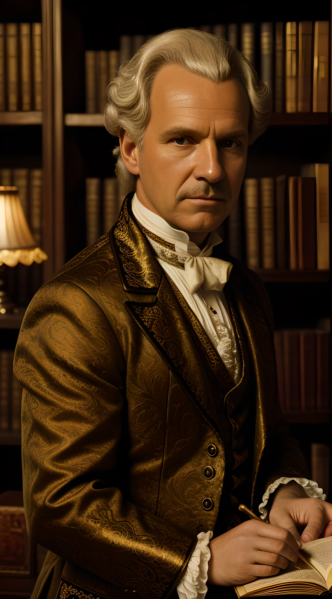 (masterpiece, 8K, UHD, photo-realistic:1.3), 50-year-old Adam Weishaupt, (powdered wig:1.2), stern and serious countenance, piercing eyes, 18th-century attire, (brocade waistcoat:1.1), cravat, classic study room background, shelves filled with aged books, candlelit ambiance, slight shadows, (vintage photography texture:1.2), sepia tones, subtly mysterious aura, mid-shot, looking at viewer.