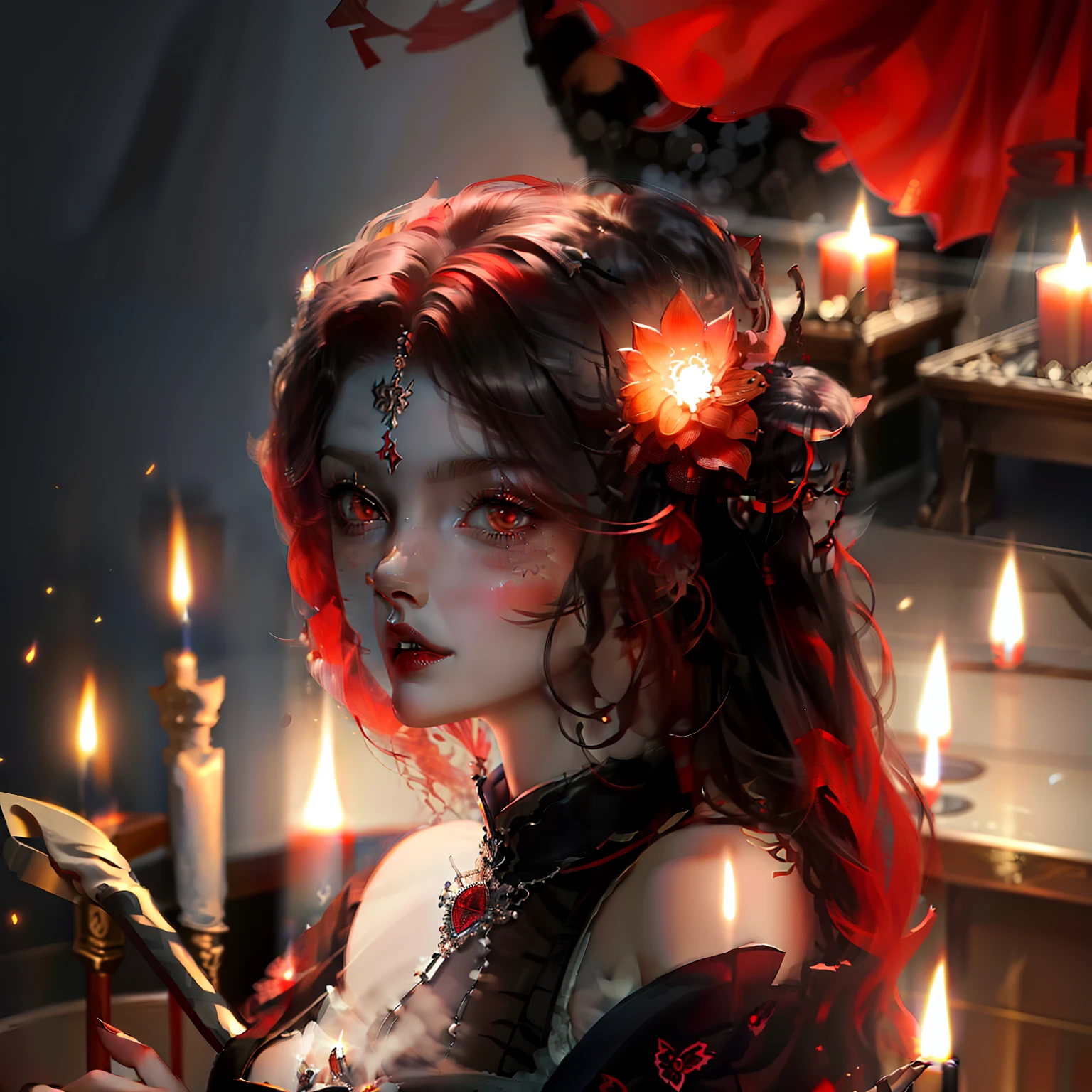 (A beautiful demon woman on top of the symbol of a ritual surrounded by red candles.)