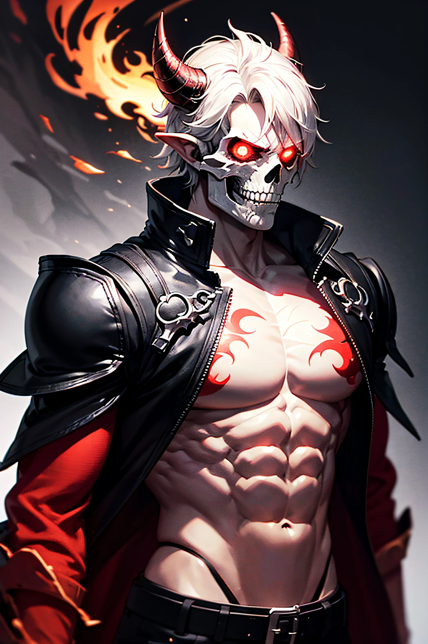Absurd, high resolution, super detailed, official art, unified 8k wallpaper, super detailed, beautiful and aesthetic, Obra-prima, best quality, short white hair, dark skin, horns on the head, handsome boy, skull face, chest muscles, abs, tattoos, flame, glowing red eyes