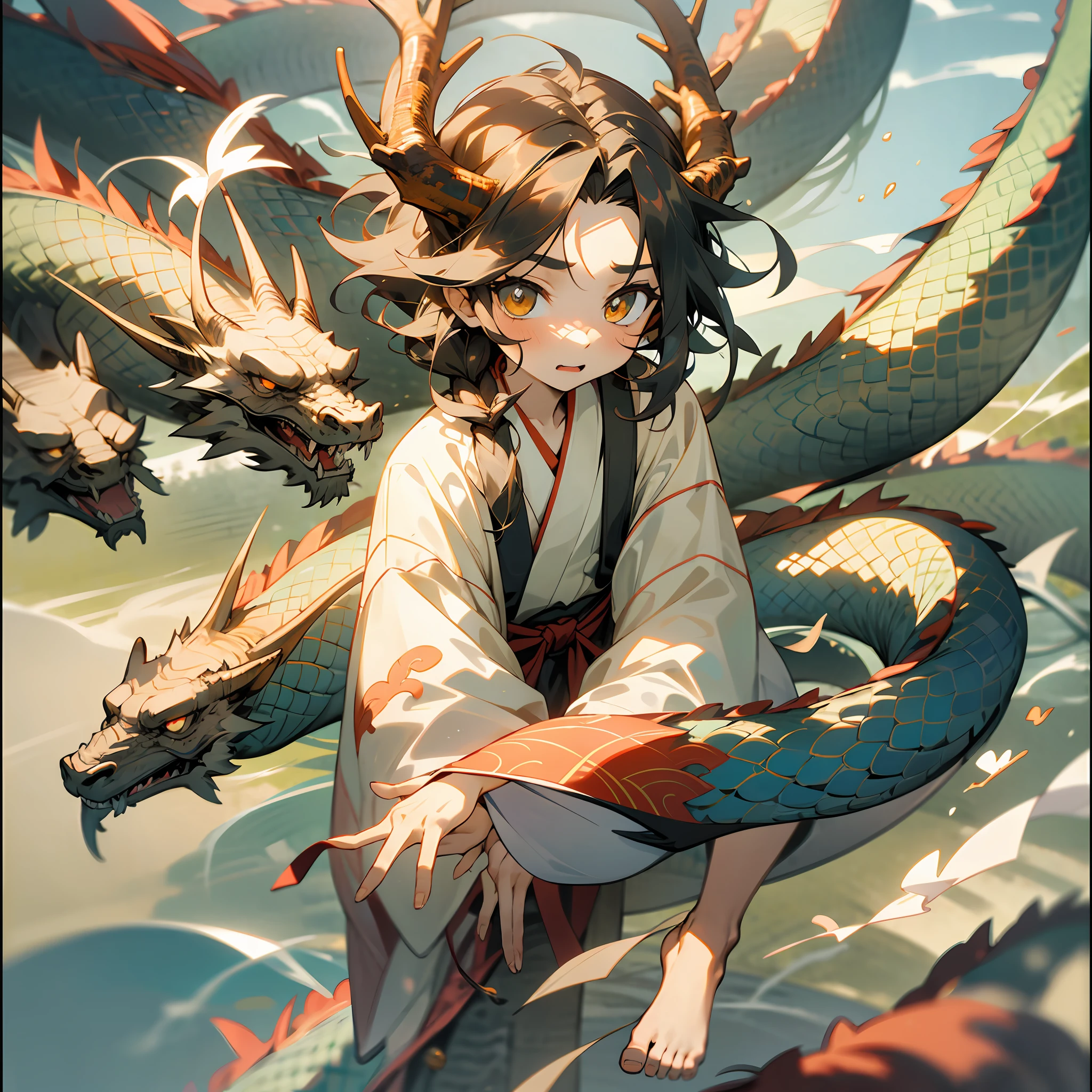 Eight-year-old boy,Dragon horns grow on the forehead,Amber pupils,Dressed in gorgeous Hanfu,Human face,long whitr hair,Barefoot,Put your hands in your sleeves,Walk on the sea