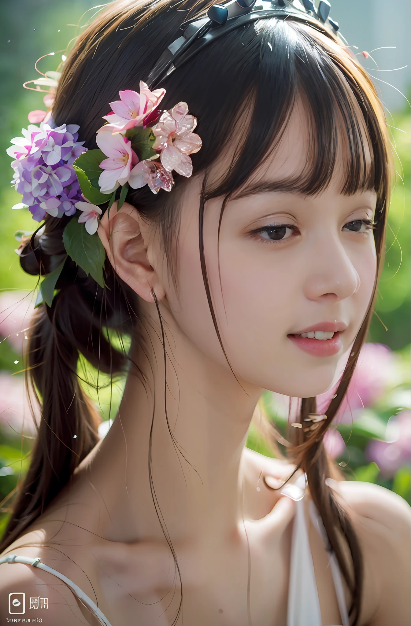 (((Full body photo))), flower crown, wedding dress, backlight, lens flare, ((Super Soft Focus)), smiling, profile, eyes closed and looking up, twilight, showering, hydrangea in the background, surrounded by hydrangeas, soft sunset, (yinchuan:1.5), bust up photography, masterpiece, best quality, raw photo, photorealistic, face, beautiful girl, cute, short hair, depth of field, high resolution, ultra detail, fine detail, highly detailed, highly detailed eyes and face, sharp pupils, realistic pupils, cinematic lighting