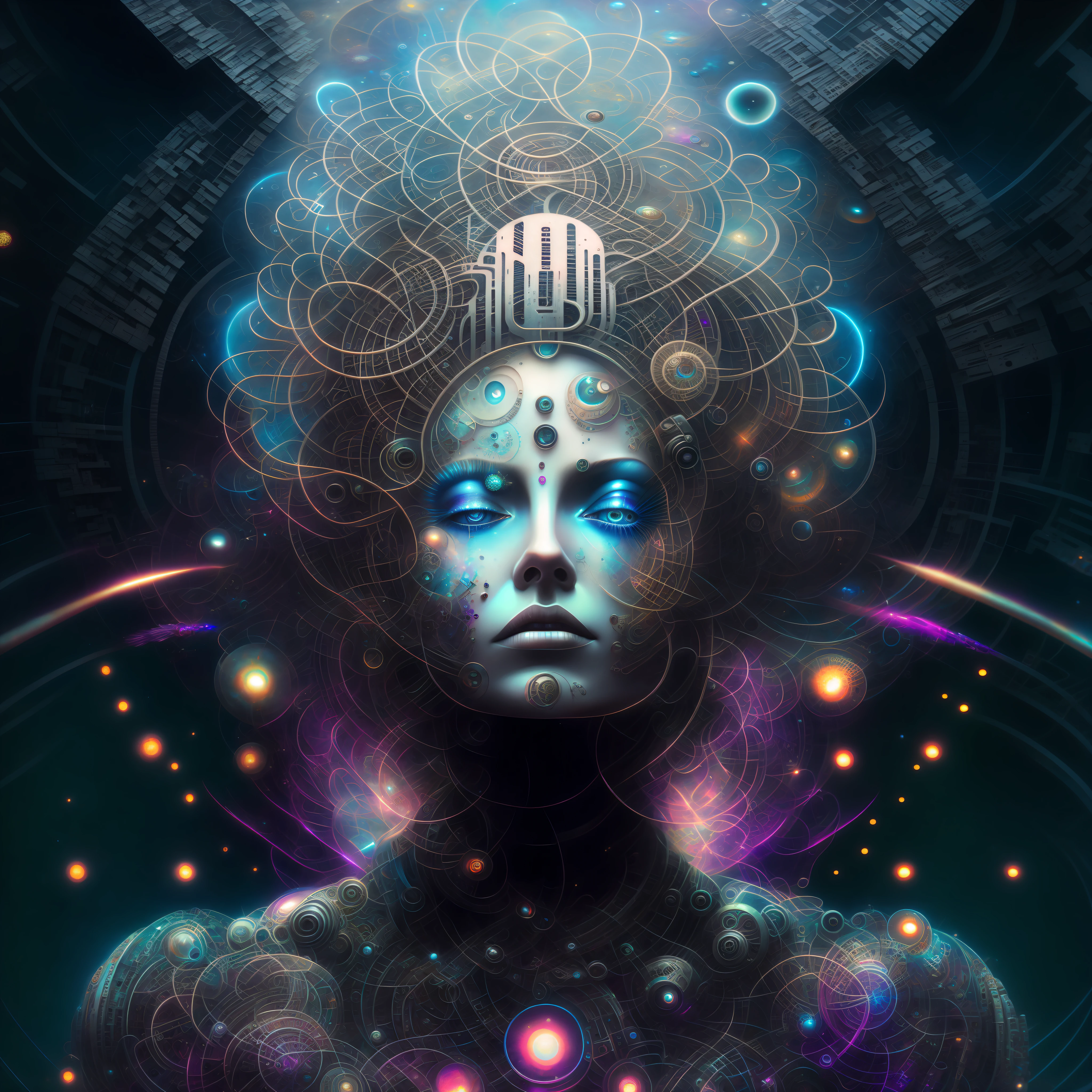 a close up of a person with a body covered in tattoos, greg beeple, 8 0's style tomasz alen kopera, psytrance artwork, style hybrid mix of beeple, beeple artwork, inspired by tomasz alen kopera, cyborg goddess in cosmos, sci-fi digital art illustration, psychedelic organic cyborg --auto