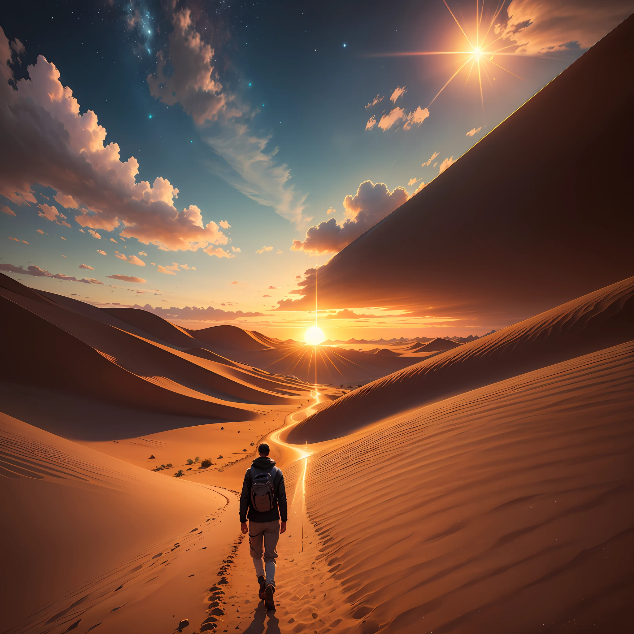 crie uma imagem de um homem, Walking towards the horizon, on a desert path, towards dusk. The sun is setting, and there are no clouds in the sky, apenas algumas estrelas nascendo --auto