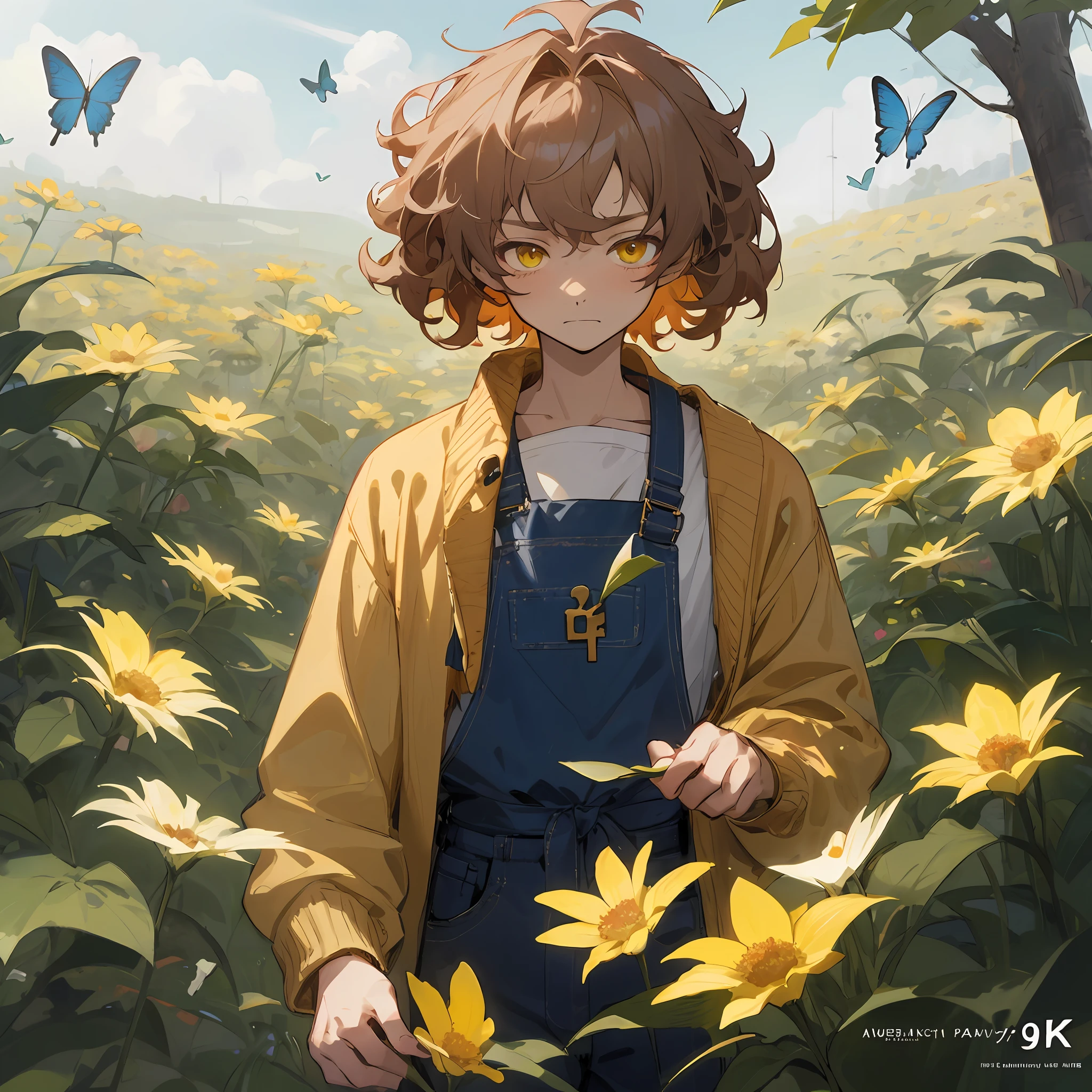 Sixteen years old boy with big, brown and curly hair. He has a yellow flowers in his head. Yellow eyes. he's dressing a yellow cardigan with a blue overall. shy and a little bit sad. He's holding some herbs. There are some butterflies around him, detailed key anime art, anime lush john 8k woods, best anime 4k konachan wallpaper, anime style 4 k, zerochan art, in a field of flowers, clean detailed anime art, anime art wallpaper 8 k, official anime artwork, anime art wallpaper 4k, anime art wallpaper 4 k