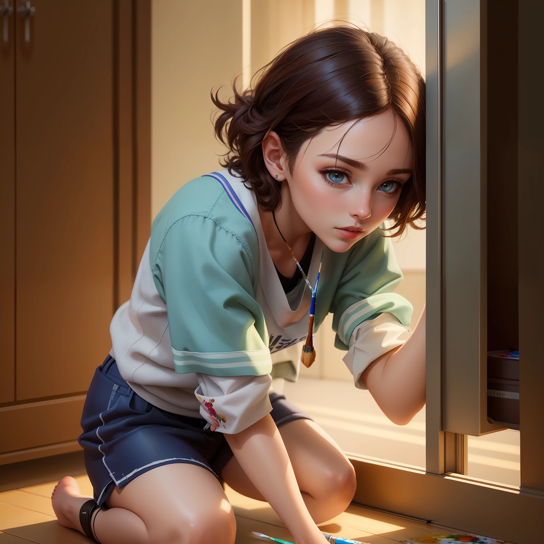 There was a woman sitting on the floor,Hold a brush and a piece of paper, Realistic cute girl painting, Painting, Painting, Painting style, model painting, Realistic painting, Realistic paint, Realistic painting style, 8k mate painting, paining, Watercolor painting style, smooth draw with oil painting, beautiful aesthetic art, realistic oil paint, painting of beautiful, super realistic painting style
