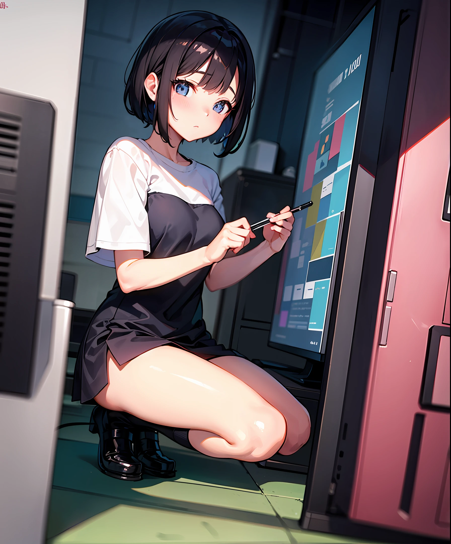 巨作，high qulity，short hair girl，Looking at the PC，sobu