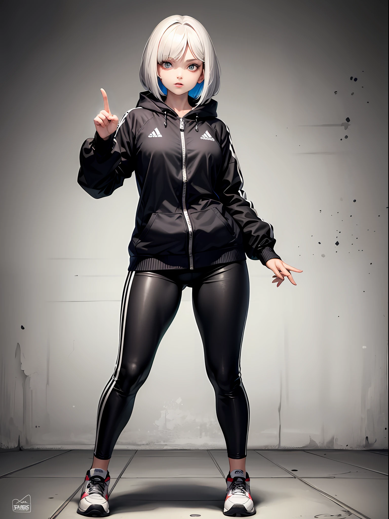 (masterpiece, best quality:1.4), a mature female, bob cut, multicolored hair, black adidas tracking suit, points at viewer, wall, graffiti