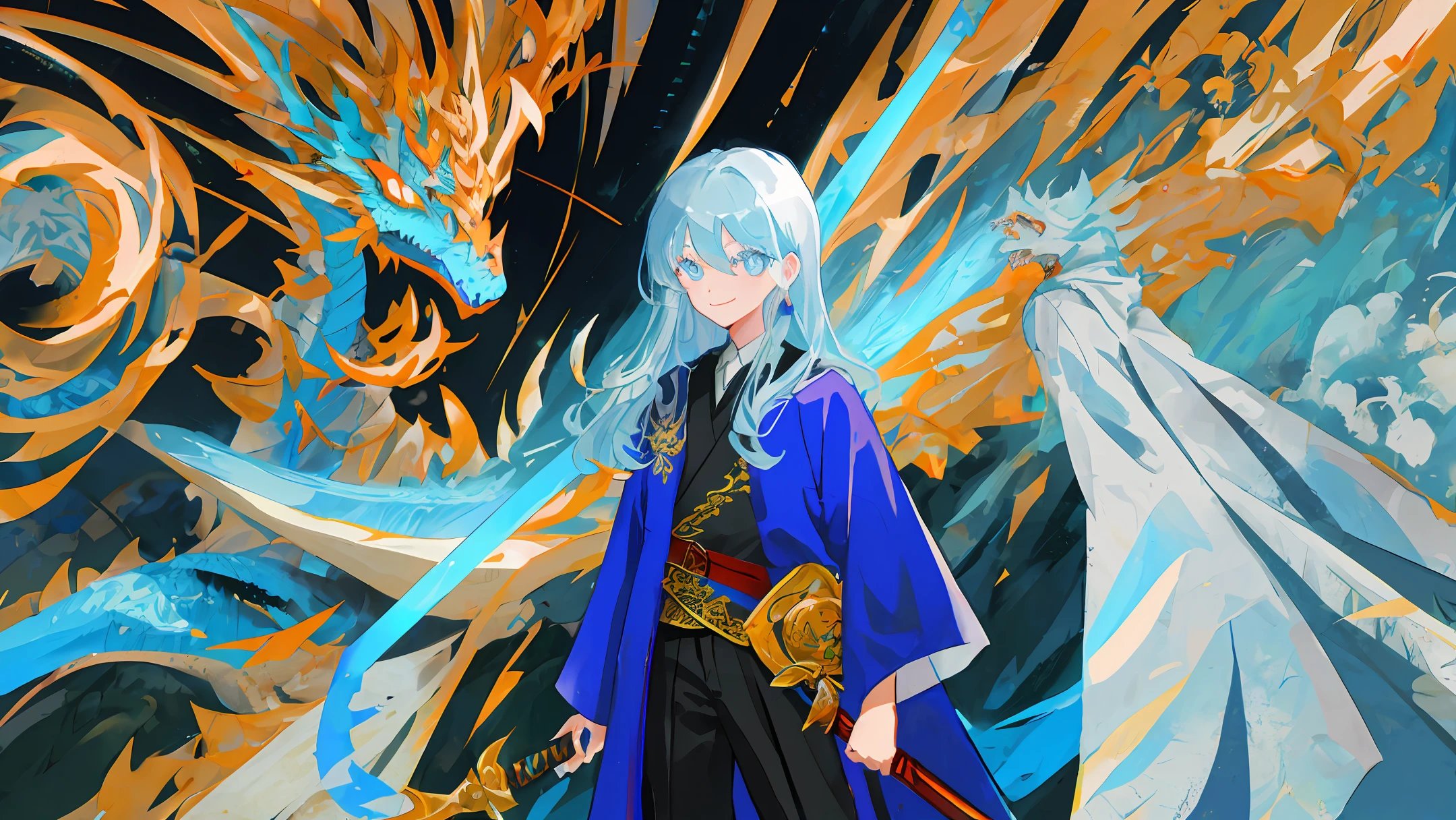 shoun,long sword,whaite hair,period costume,Heavy pupils,Blue robe,Accompanied by dragons,ssmile,4k,wide angles,