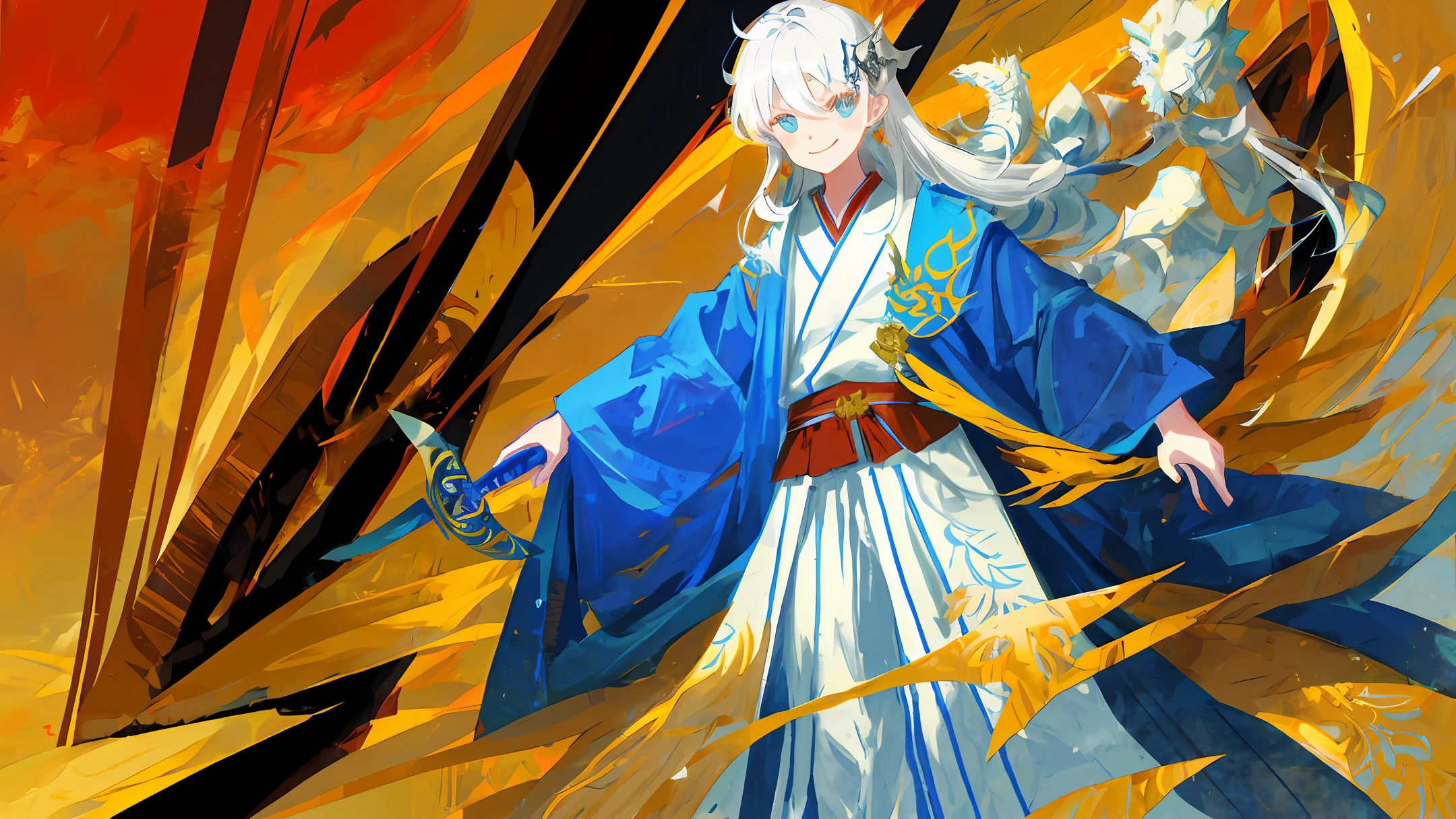 shoun,long sword,whaite hair,period costume,Heavy pupils,Blue robe,Accompanied by dragons,ssmile,4k,wide angles,