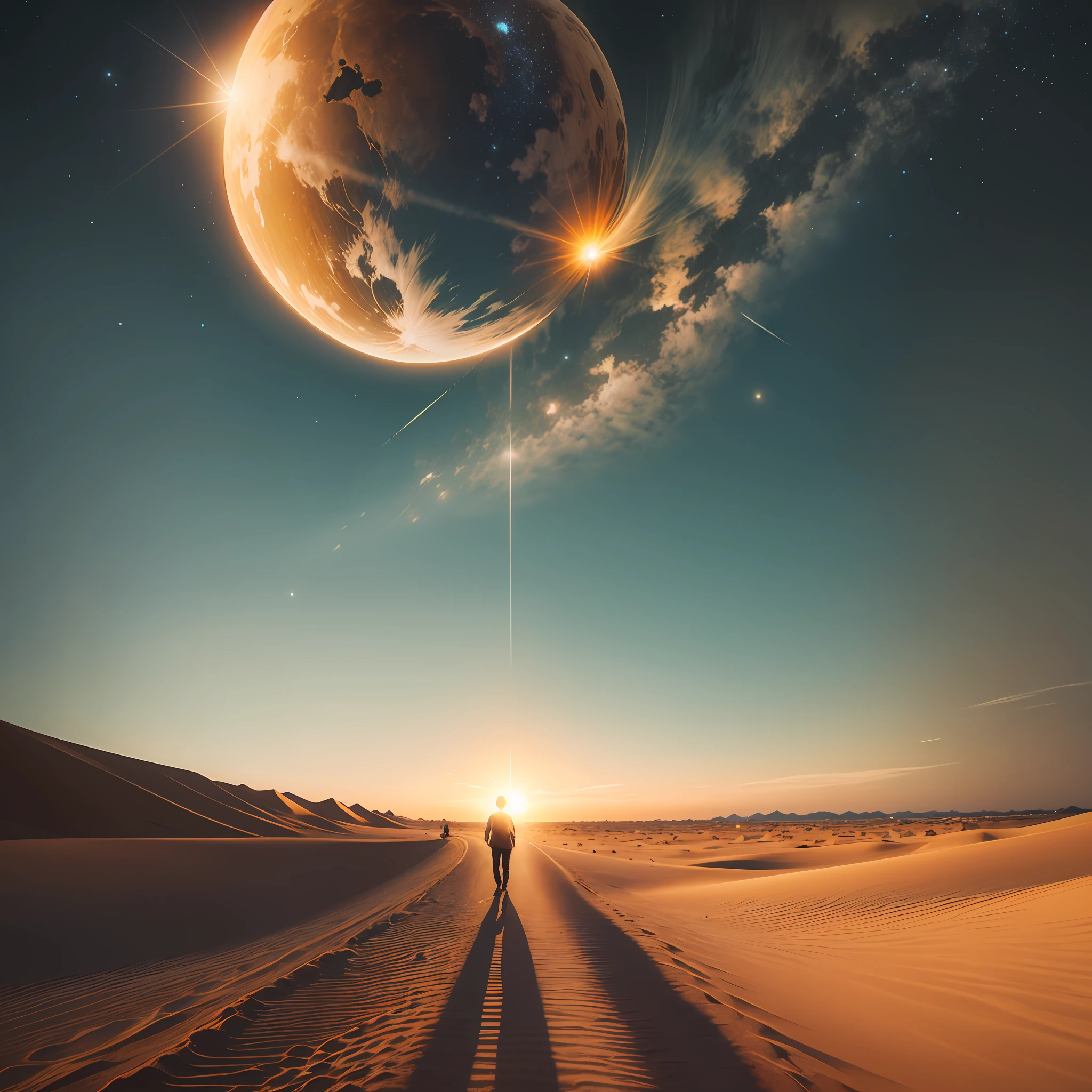 crie uma imagem de um homem, Walking towards the horizon, on a desert path, towards dusk. The sun is setting, and there are no clouds in the sky, apenas algumas estrelas nascendo --auto