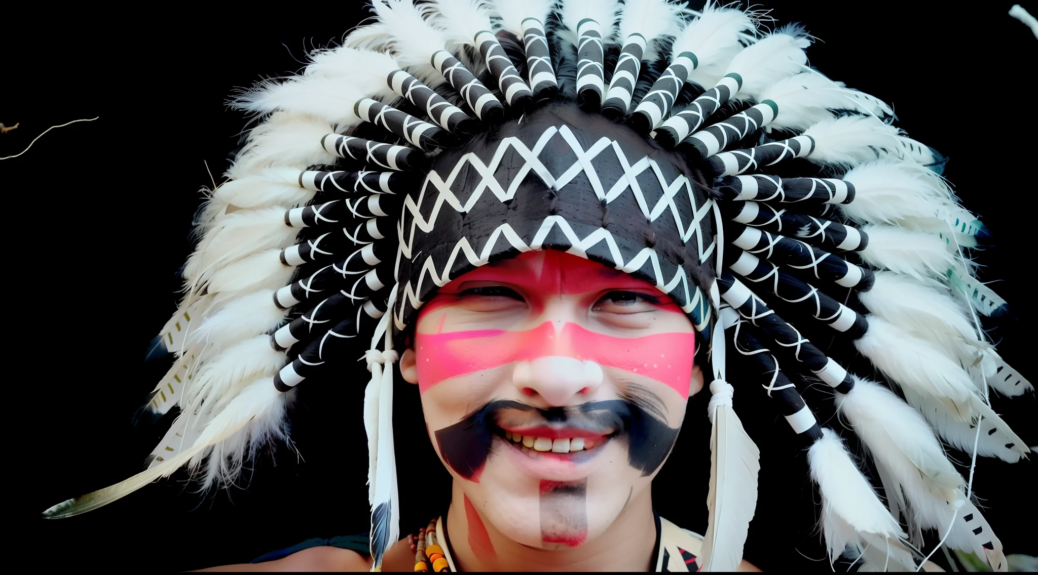 Arafard man with a face and feather headdress, tribal facepaint, Wearing war paint, tribal makeup, aztec hair, headdress, tribal facepaint, azctec warrior, mix between tribal and hi-tech, Indigenous men, feathered headdress, feather native american headgear, Facial tribal markings, In a sharp tribal style, Tribal paint