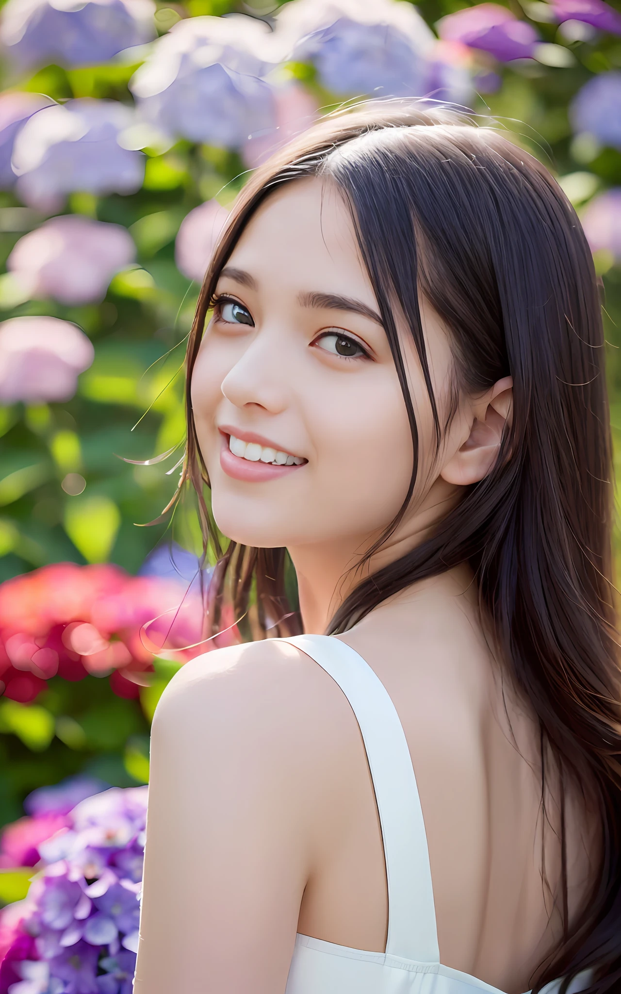 20 years old, twilight rays, wedding dress, corolla, (((Tokugawaen)), hydrangea front bokeh, bokeh, photorealistic, surrounded by hydrangeas, background dark, smiling, (one girl), (sunset: 1.3), (8k, raw photography, best quality, masterpiece: 1.2), (realistic, photorealism: 1.37), best quality, ultra high resolution, (focus plane: 1.8), ( Portrait: 1.7), (Intense:1.1), (Details:1.1), (Highest Quality), (Analog:1.2), (High Sharp), Canon EOS R Photography, (Summer Dress:1.4), (Standing in a Flower Garden:1.3), (Vivid and Colorful:1.3)