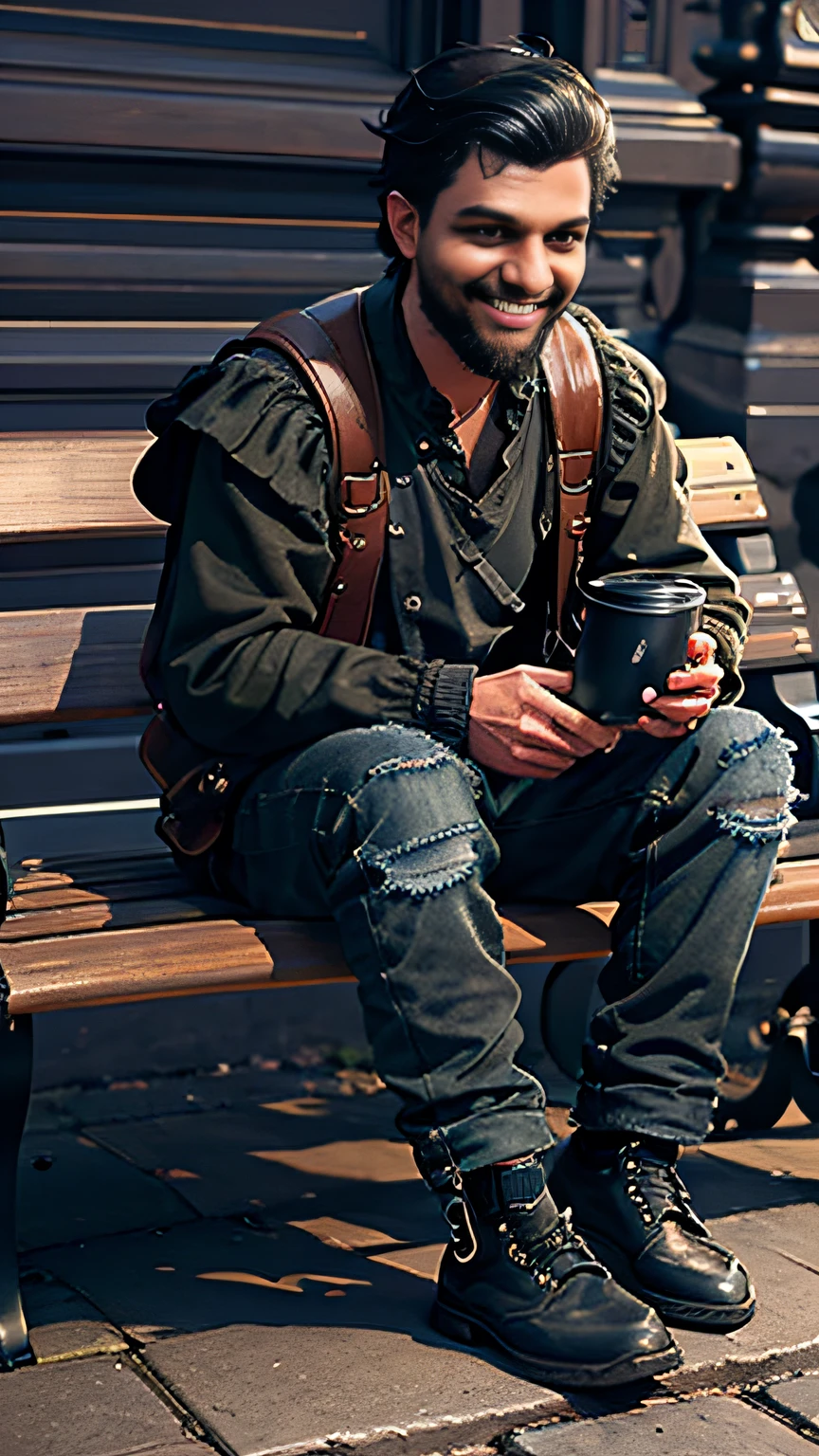 3D cartoon character, (((Sitting on a bench))), holding a small mobile phone, on a city street, man, (detailed facial features), black shirt, jeans and black shoes, (((baby) )), movie art, clean shot, ghailan!, like a pixar character, handsome young man, short hair, beard, grace and blessing, (((cute smile))), rendered in unreal, movie promo image, rendered image