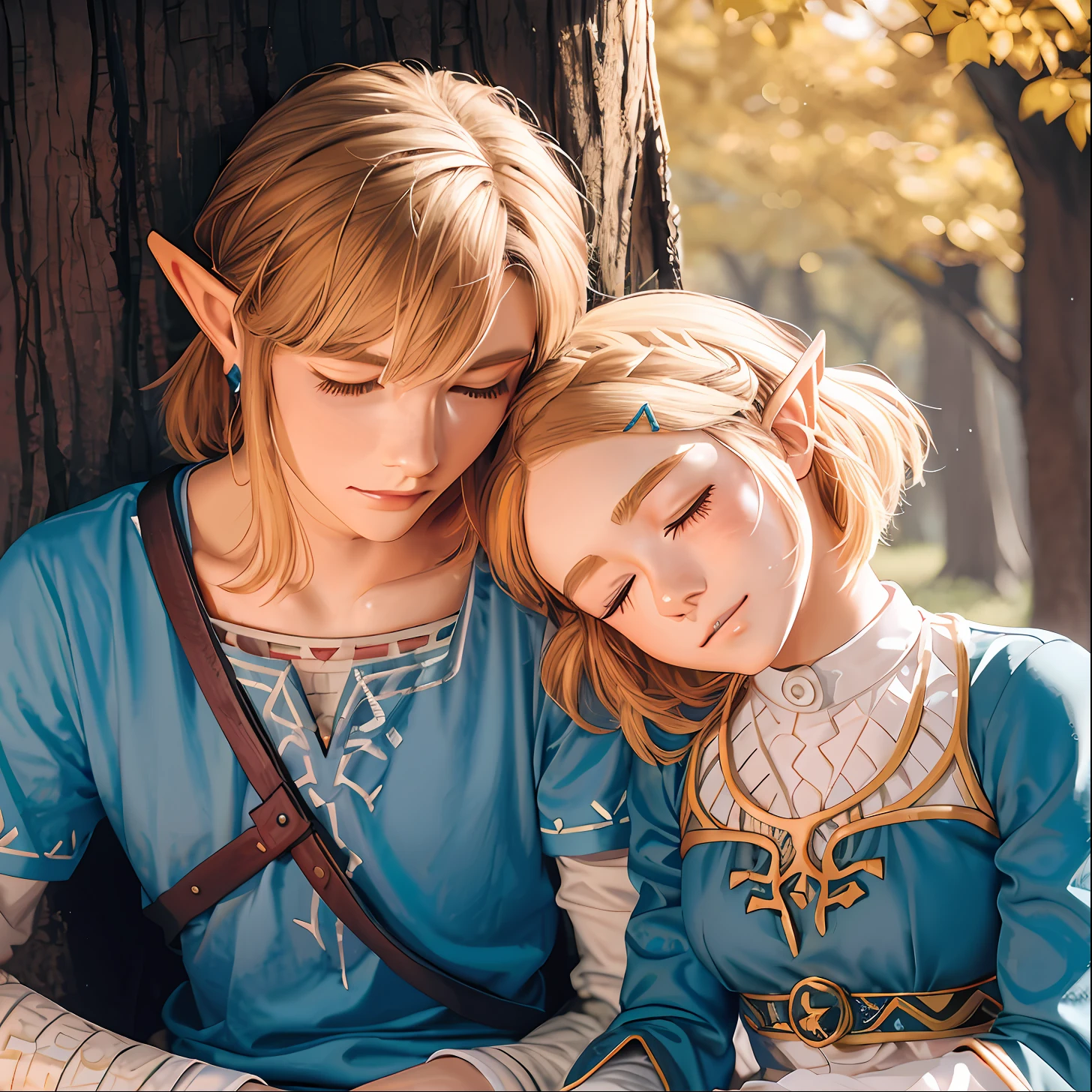 There are two girls dressed as elves sitting next to a tree, zelda and link, botw style, From《Legend of Zelda》, breath of the wild style, zelda botw, Un portrait de Link, botw, link from the legend of zelda, cosplay foto, Zelda, zelda breath of the wild, Breath of The Wild, Lien depuis Zelda