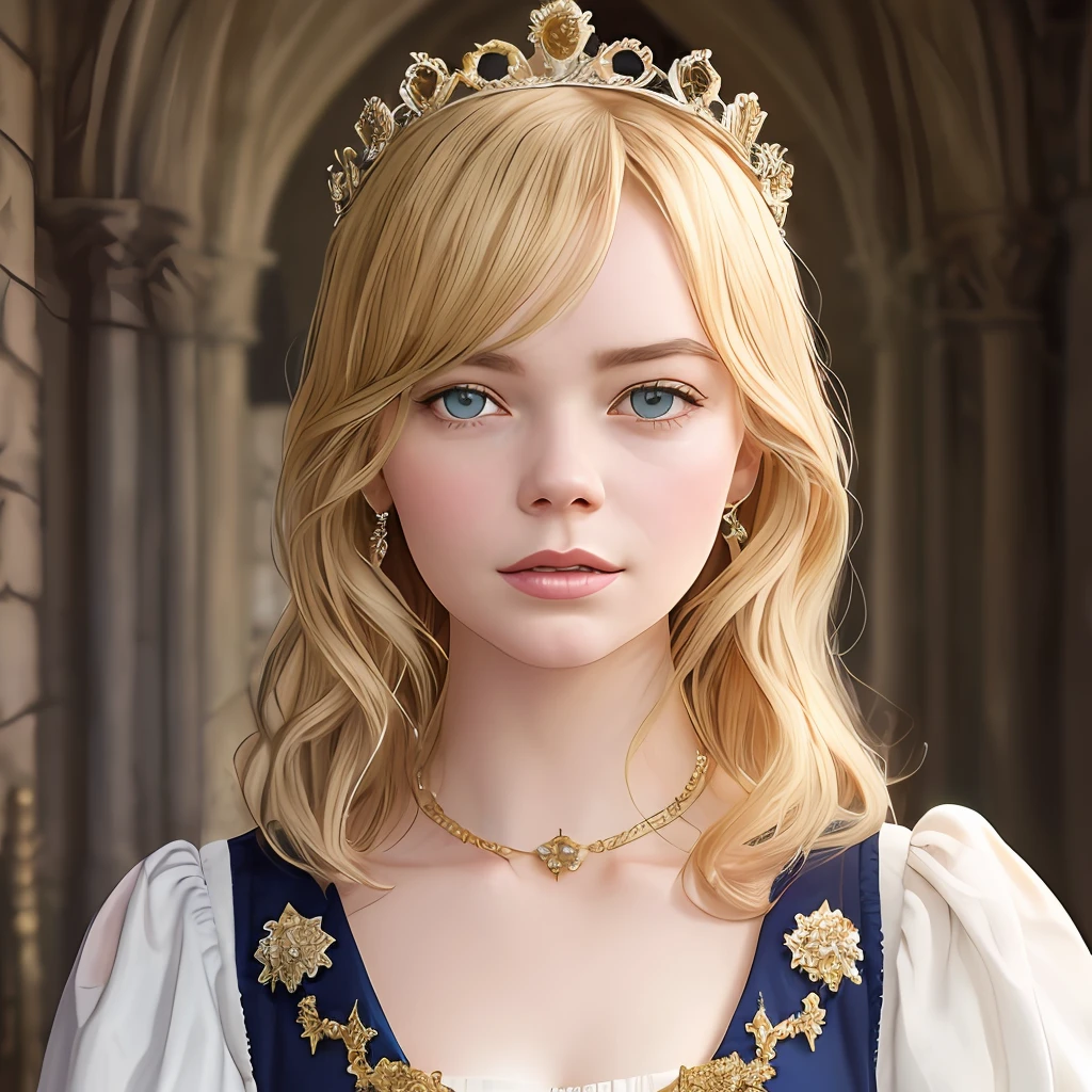 Blonde woman，Wearing a golden crown and a blue dress, blond-haired princess, princess portrait, medieval princess, Artoria Pendragon, ((a beautiful fantasy empress)), portrait of princess, realistic renaissance portrait, a beautiful fantasy empress, in the art style of bowater, portrait of a princess, elle fanning), Guviz-style artwork