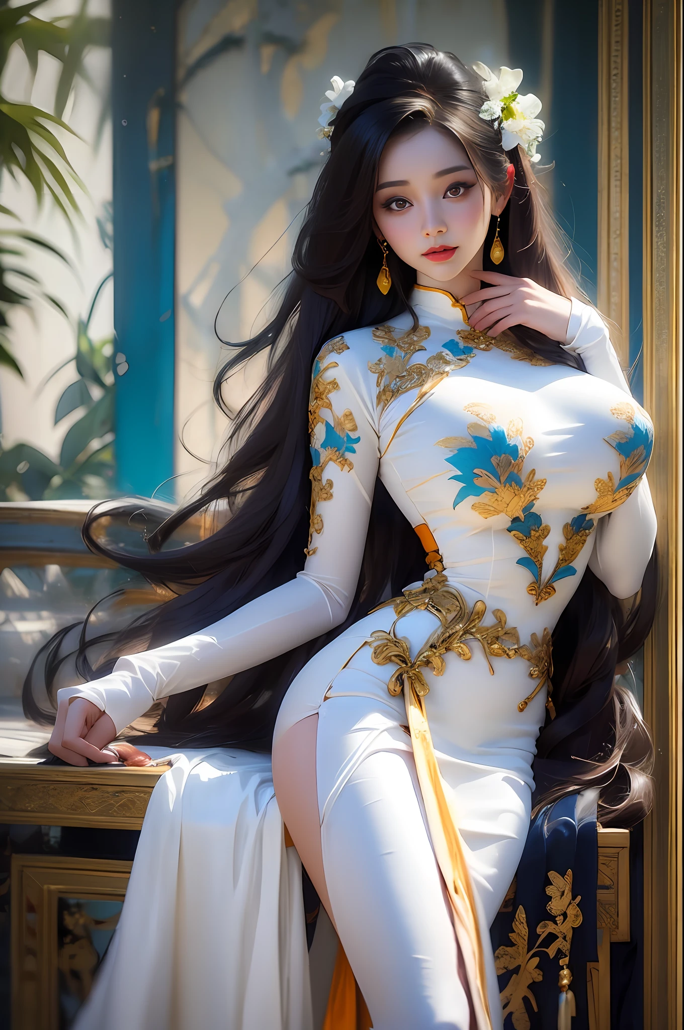 A beautiful girl, 22 years old, sexy theme, perfect face shape, oversize model, mature woman, tall long legs, (((super huge breasts))), (((glazed pupils))), long messy hair, happy, hand details, finger details, beautiful anime Huaifu style girl, super detailed painting, luminescism, art concept art by Kahn Griffith and Vadim Kashin, abstract beauty, standing, close to perfection, pure form, golden ratio, concept art, by Brian Froud, Carne Griffiths, Wadim Kashin and John William Waterhouse, intricate detail, 16k post-production, high resolution, hyperdetail, Artstation trend, sharp focus, studio photos, intricate detail, high detail,She wears the traditional Vietnamese dress ao dai , ao dai Vietnamese,She has big breasts, saggy breasts,She has beautiful big round eyes ,Double eyelid
