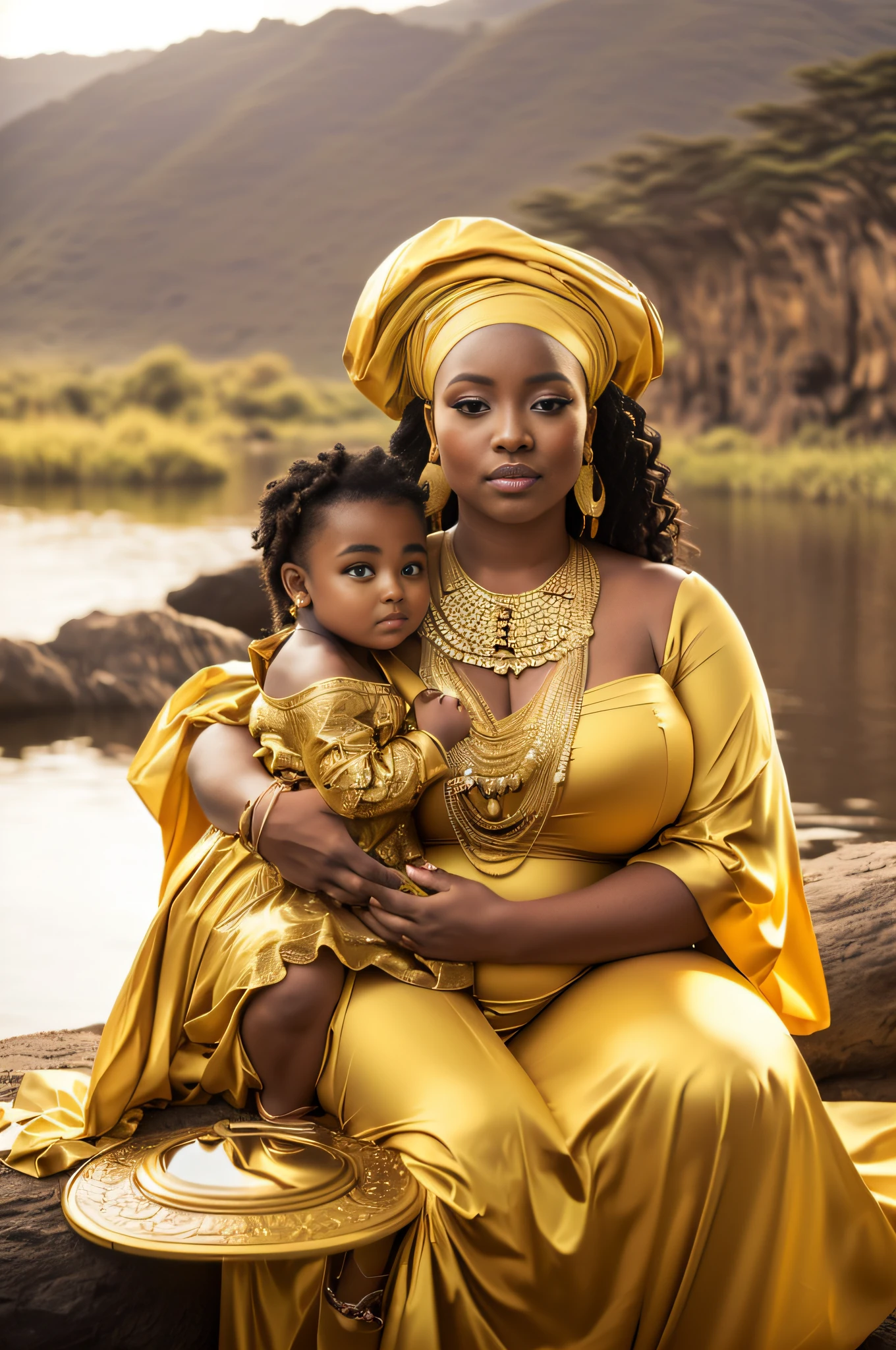A pregnant woman in a golden dress holding a sitting on a rock of a beautiful waterfall, Princesa Africanoa deslumbrante, Princesa negra Africanoa, Rainha Africanoa, Princesa Africana, Tons dourados, foto de uma bela, tons de ouro exibir naturalmente, mulher Africanoa, fotografia materna 4K, mulher linda, beleza tradicional, Africano, coberto de ouro sedoso, Joias Africanoas intrincadas, Cores douradas, Aura dourada, coberto de ouro