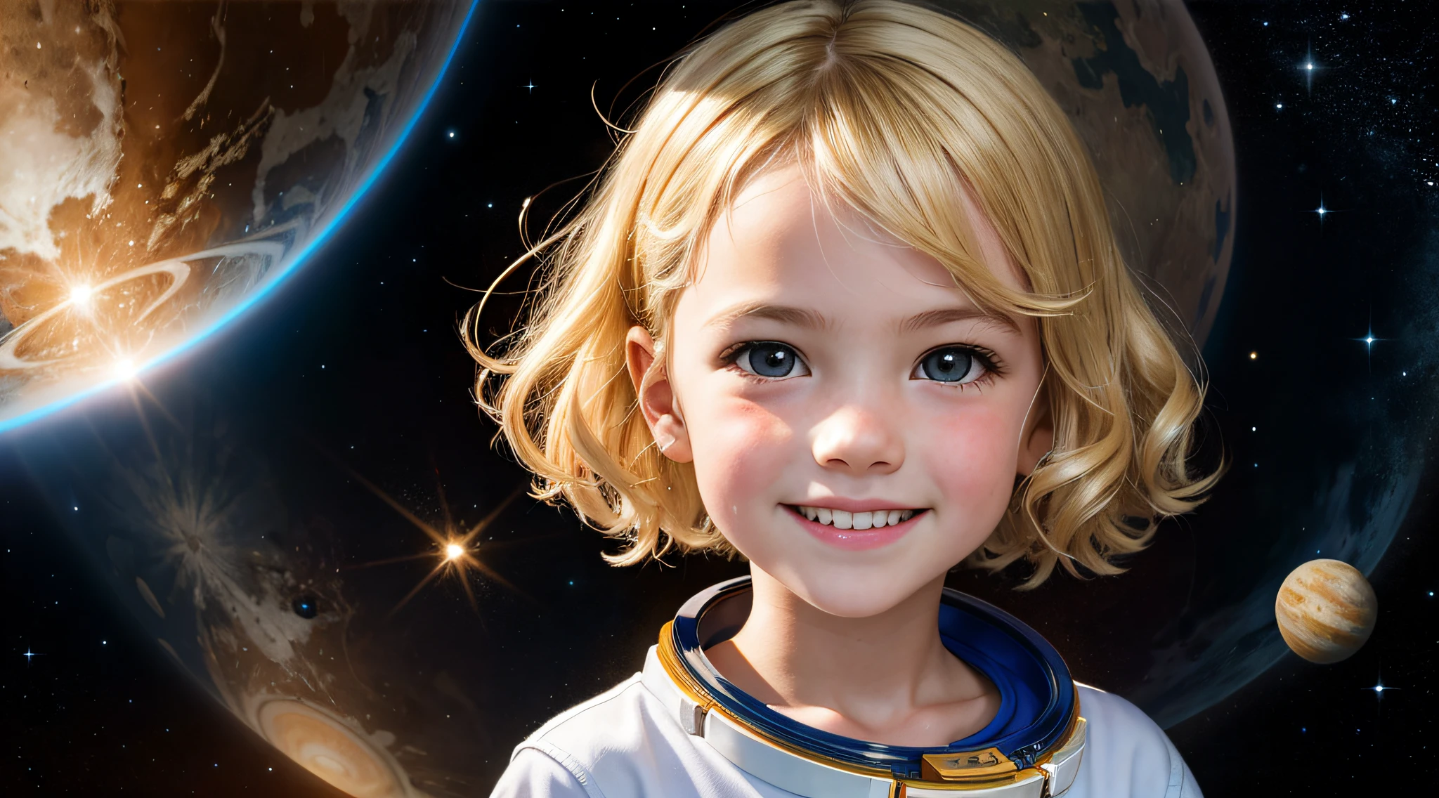 obra-prima, melhor qualidade, retrato, 1girl KIDS BLONDE, realista, kid girl, sorrindo, rosto bonito, cabelo COMPRIDO, capacete de astronauta, fundo do universo estrelado, luz verdadeira,