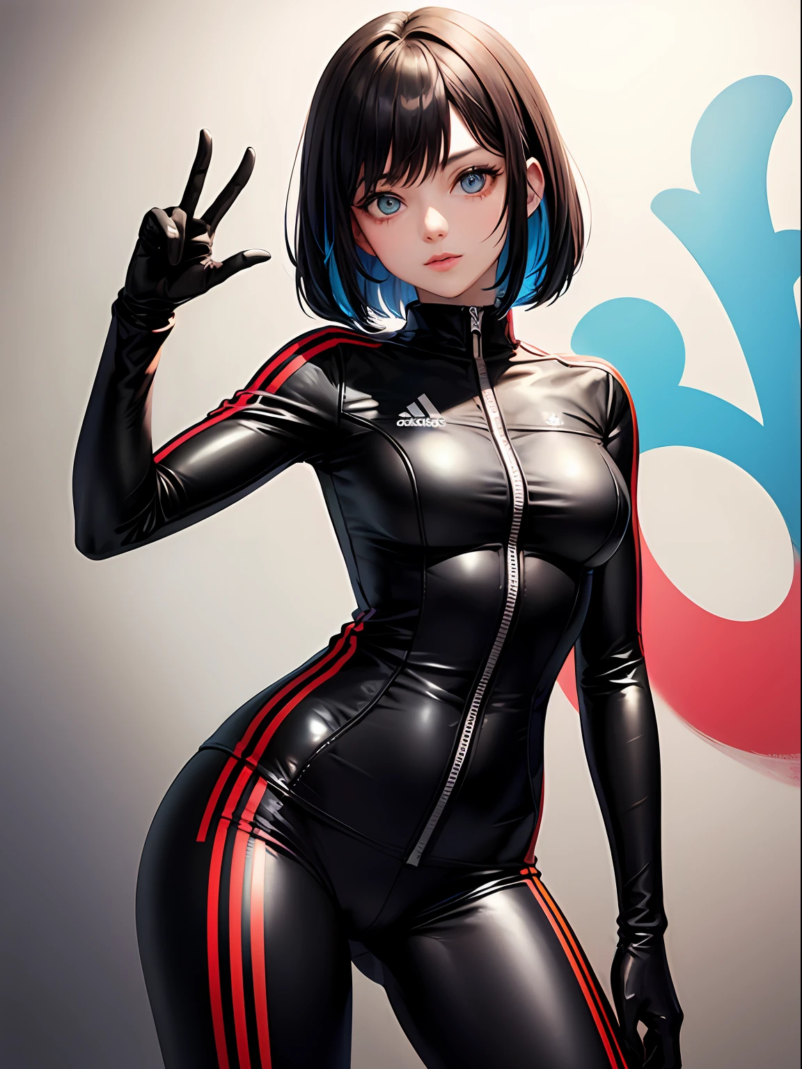 (masterpiece, best quality:1.4), a mature female, bob cut, multicolored hair, detailed eyes and pupils, black adidas tracking suit, points at viewer, wall, graffiti