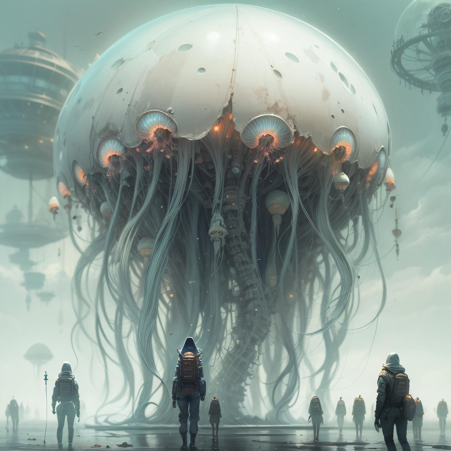 Insanely Detailed MOTHER SHIPS OF THE ALIENS INVASION Biomechanical JELLYFISH  MADE OF WHITE PALE SLIME, Painting By Ismail_Inceoglu Tom Bagshaw Dan Witz CGSociety Fantasy Art 4K