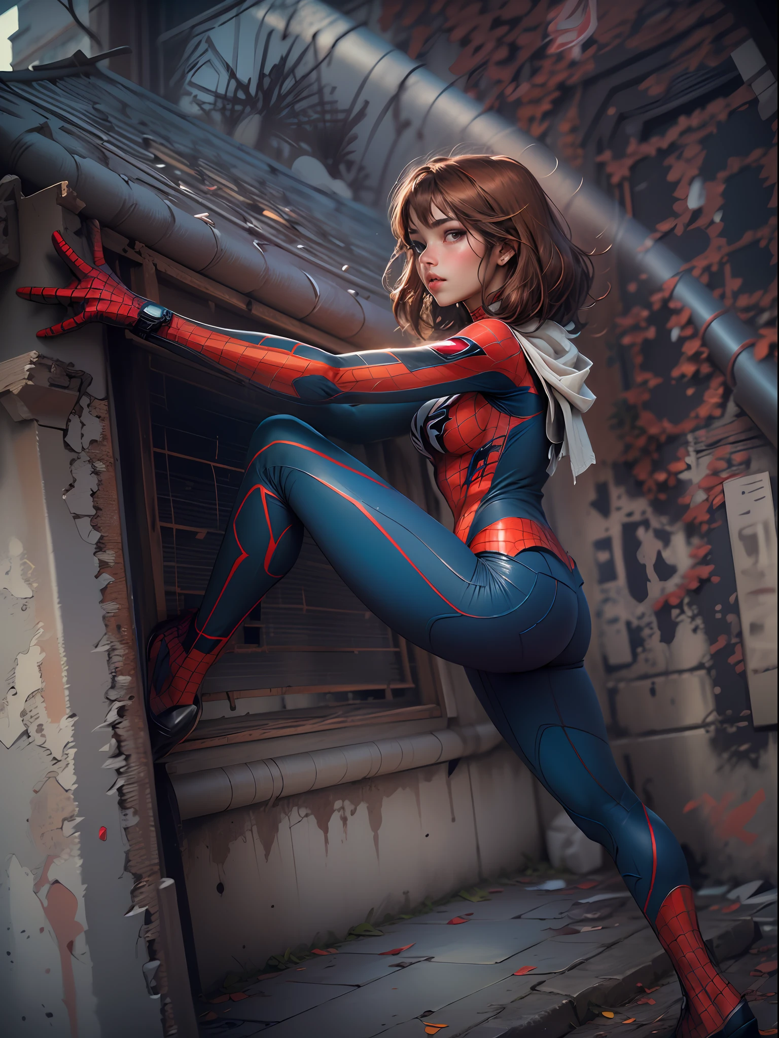 beautiful woman, detailed defined body, using spider man cosplay, 1girl, solo, atmospheric perspective, Nikon, masterpiece, super detail, award winning, 8k, textured skin
